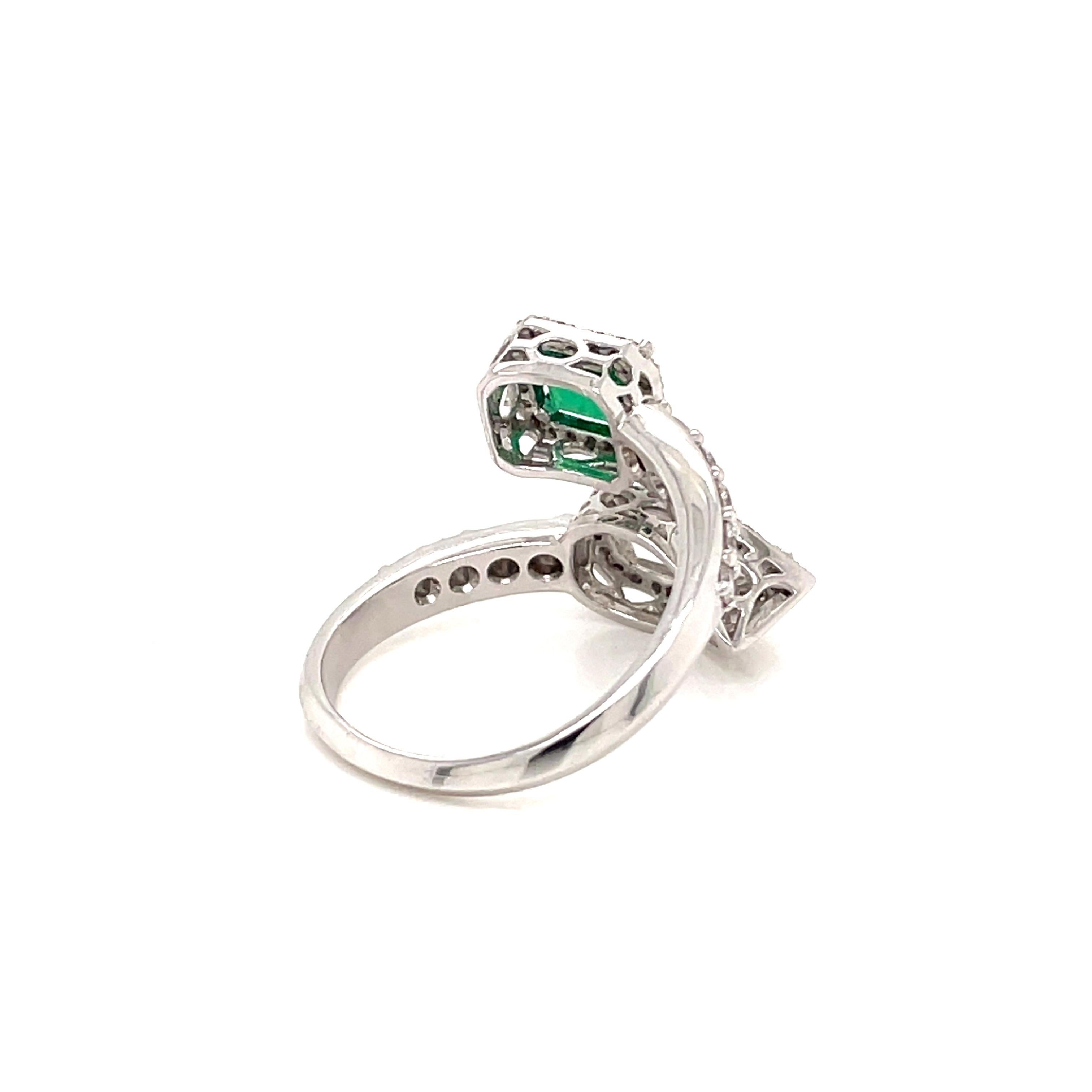 Estate Certified Colombian Emerald Diamond Bypass Gold Ring For Sale 3