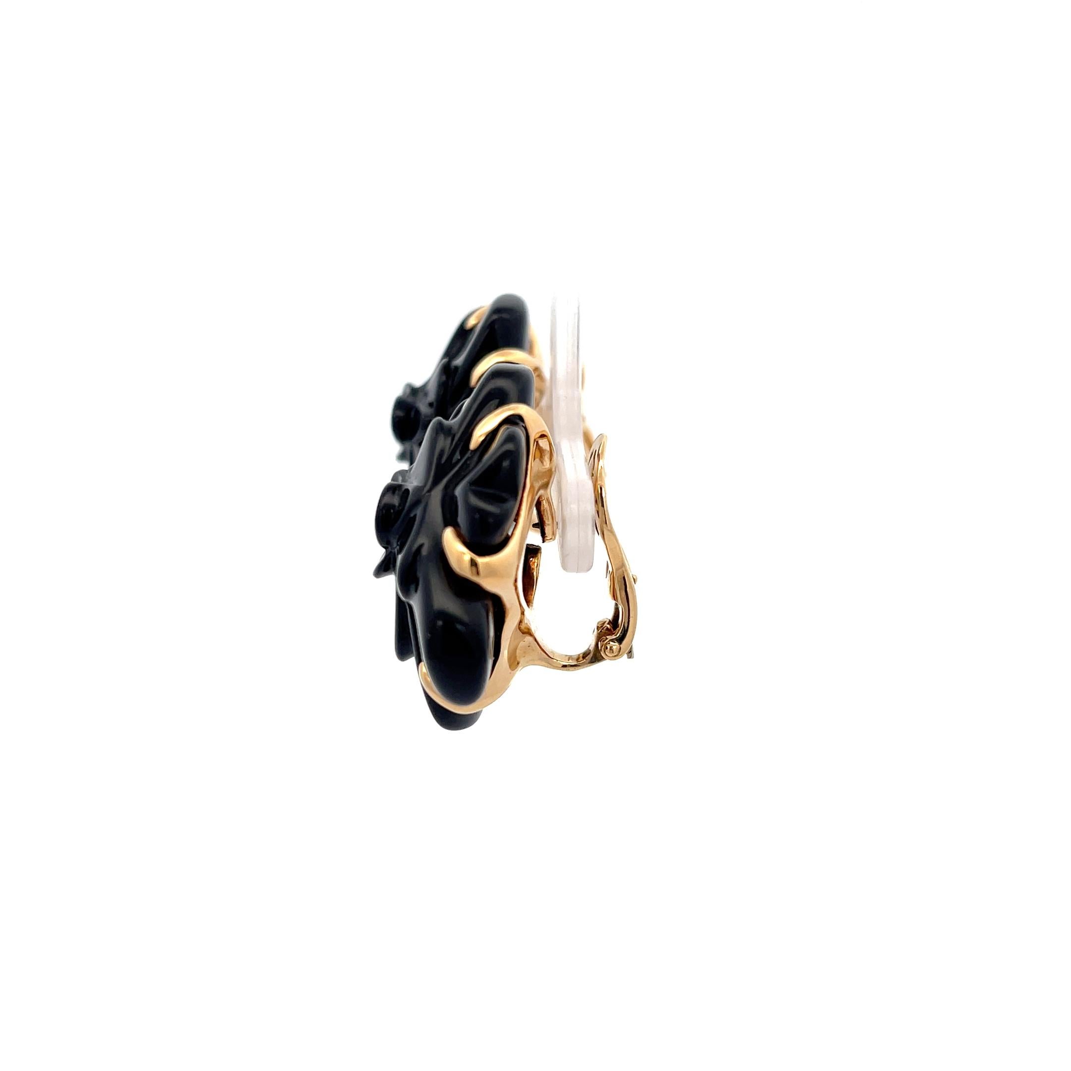 Estate Chanel Camellia Black Agate Earrings in 18K Yellow Gold. Clip-on.
1.25