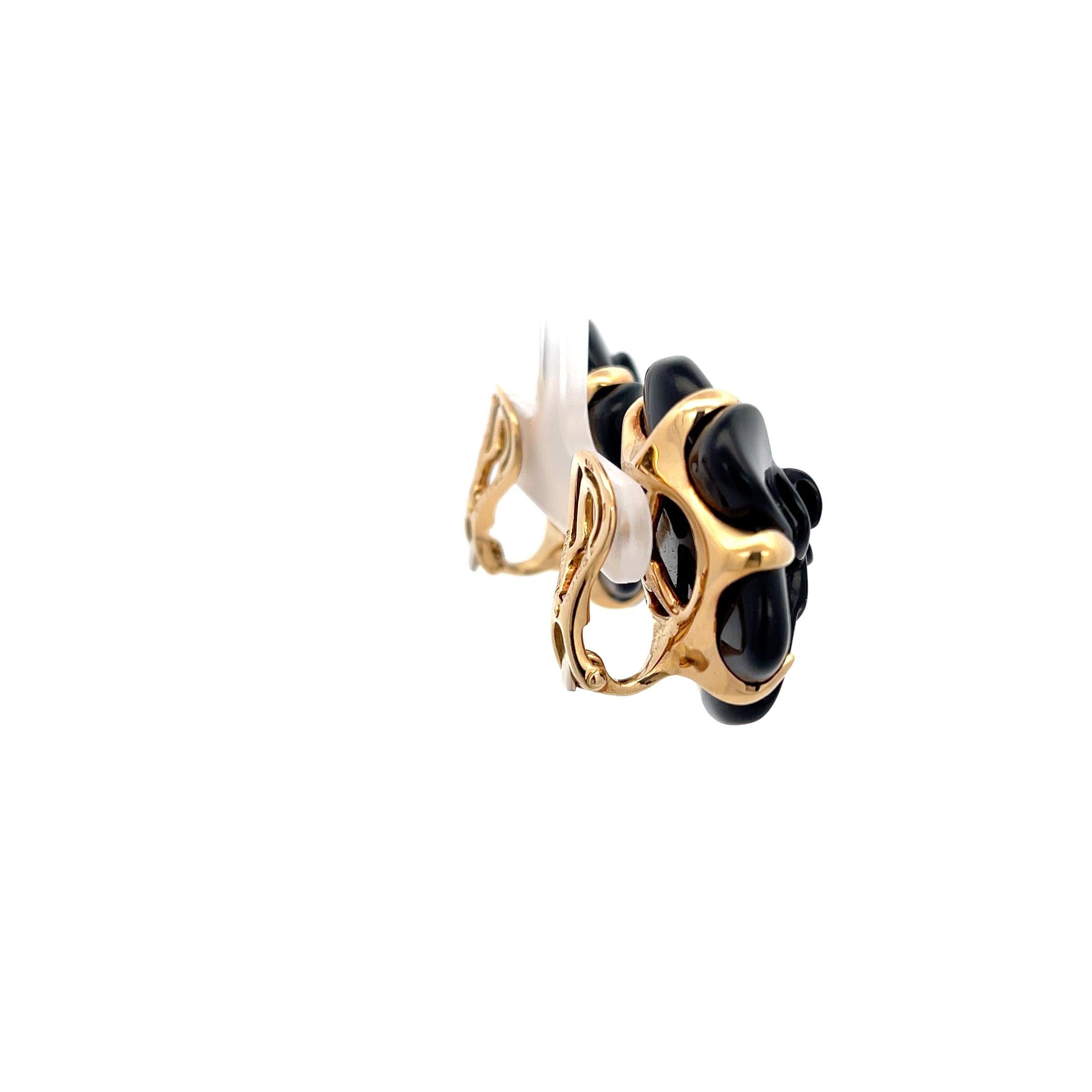 Mixed Cut Estate Chanel Camelia Black Agate Earrings 18K Yellow Gold For Sale