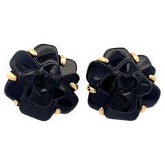 Estate Chanel Camelia Black Agate Earrings 18K Yellow Gold