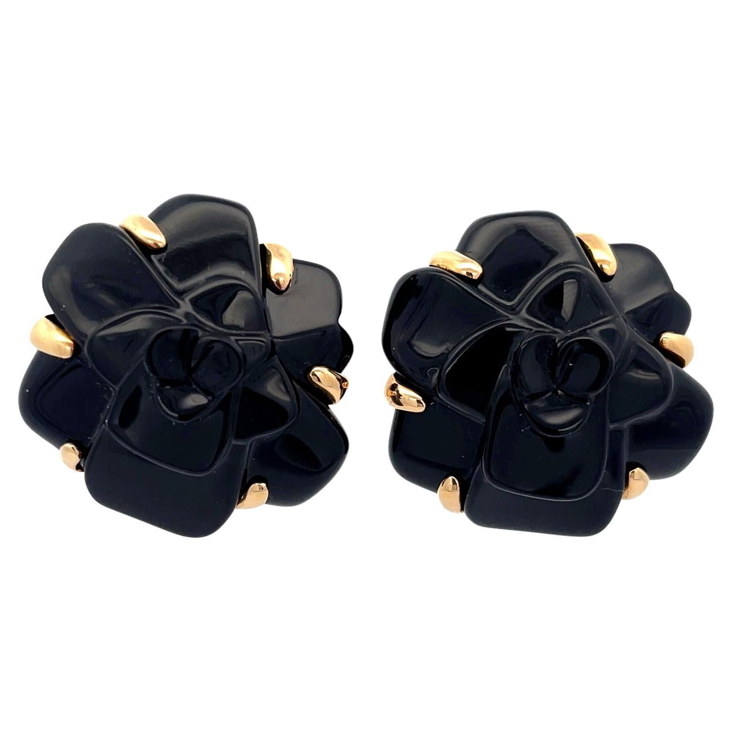 Estate Chanel Camelia Black Agate Earrings 18K Yellow Gold For Sale