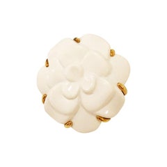 Estate Chanel Carved White Ceramic Camellia Brooch in 18 Karat Yellow Gold