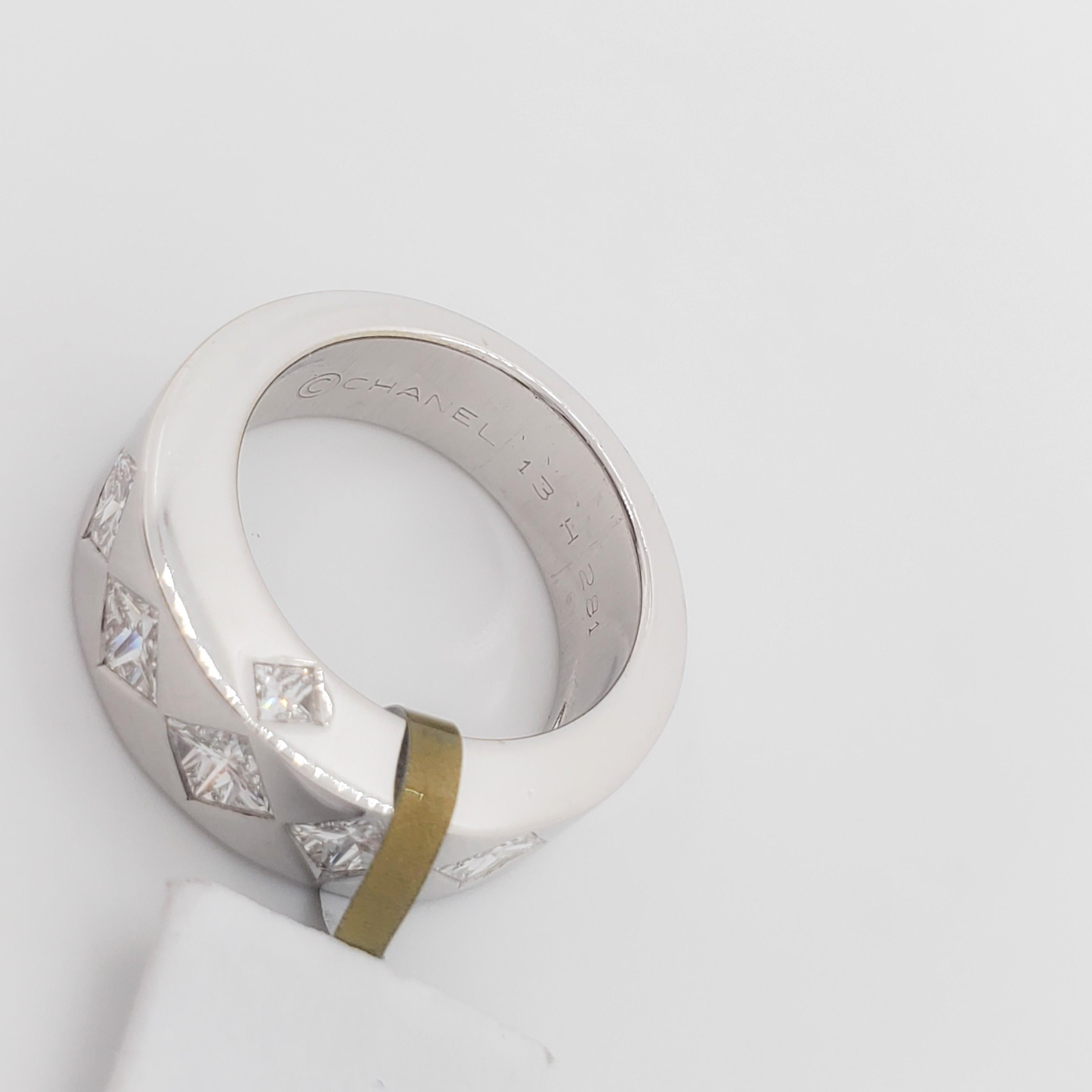 Women's or Men's Estate Chanel White Diamond Jacquard Ring in 18k White Gold For Sale