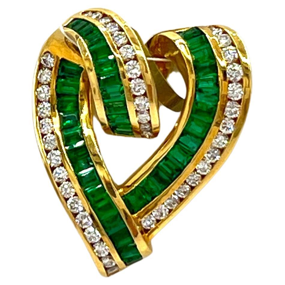 Estate Charles Krypell Emerald Baguette and Round Diamond Pendant in 18K Gold For Sale