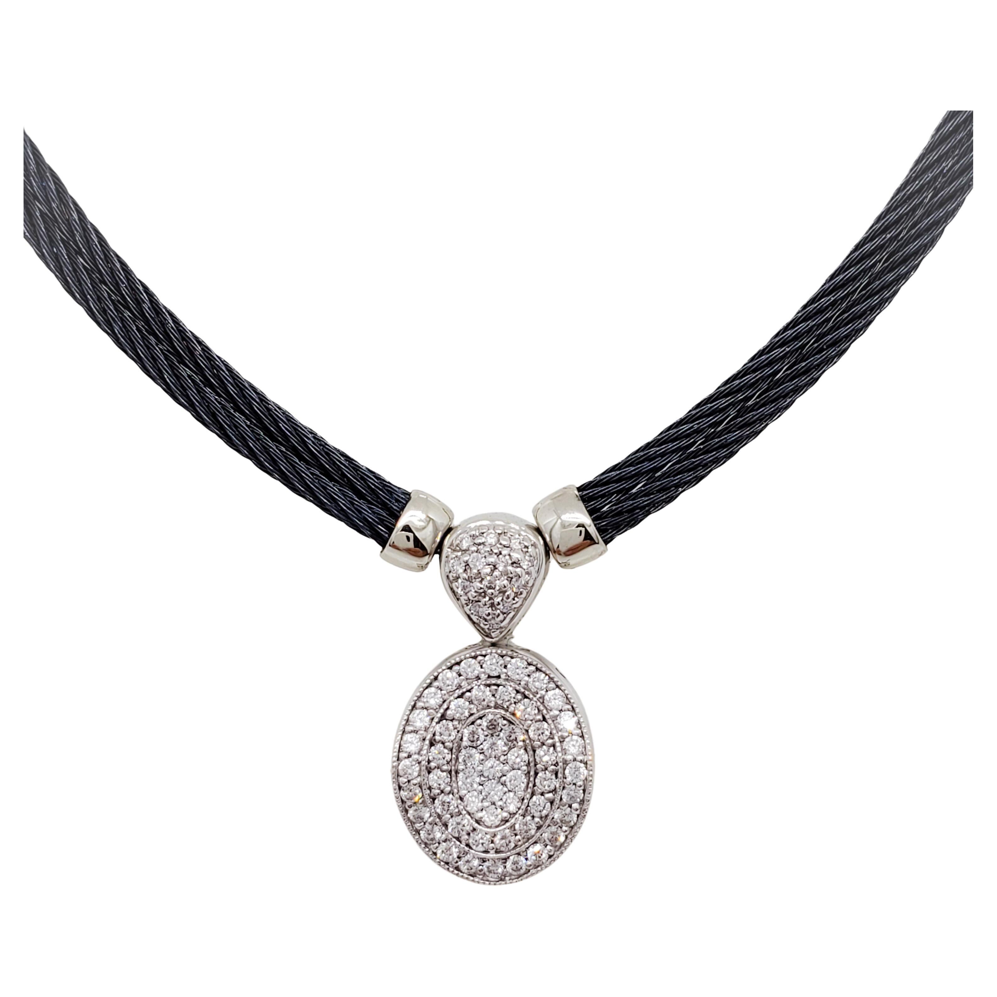 Estate Charriol Diamond Steel Cable Necklace in 18k White Gold
