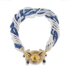 Estate Chaumet Diamond Blue Sapphire White Pearl French Necklace Yellow Gold