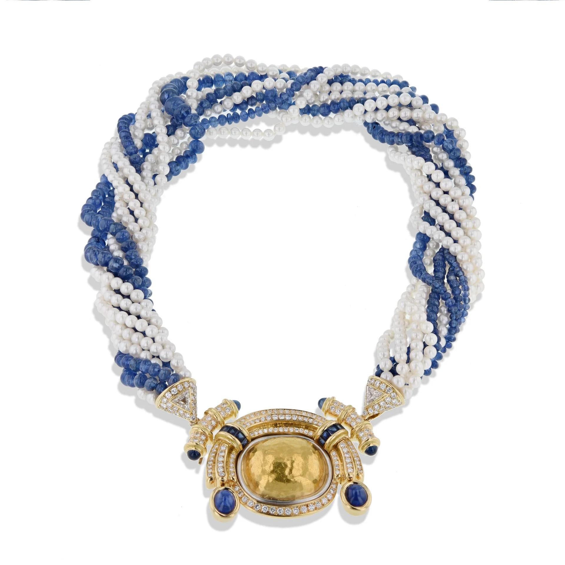 Nachlass Chaumet Diamant Blauer Saphir Weiß Perle Französische Halskette Gelbgold im Zustand „Hervorragend“ im Angebot in Miami, FL