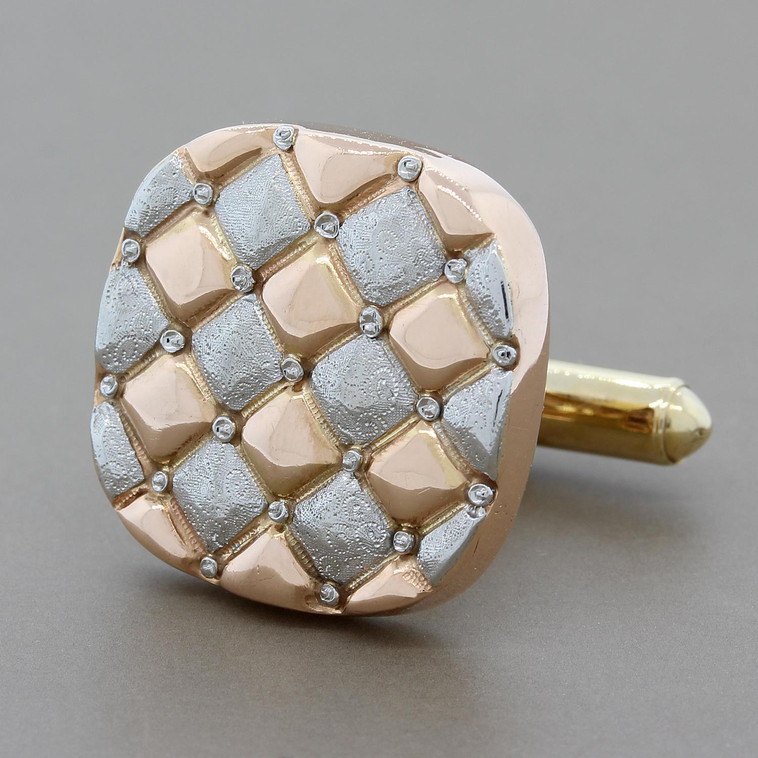 Checkmate! A pair of 14K tri-tone - white gold, yellow gold and rose gold - checkerboard style cufflinks with dual textures – high polish and sandblasted with filigree design.