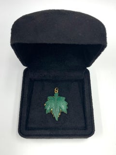 Estate Chinese Carved Green Jade Leaf Form Fu Symbol 14K Yellow Gold Pendant
