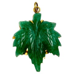 Estate Chinese Carved Green Jade Leaf Form Fu Symbol 14K Yellow Gold Pendant