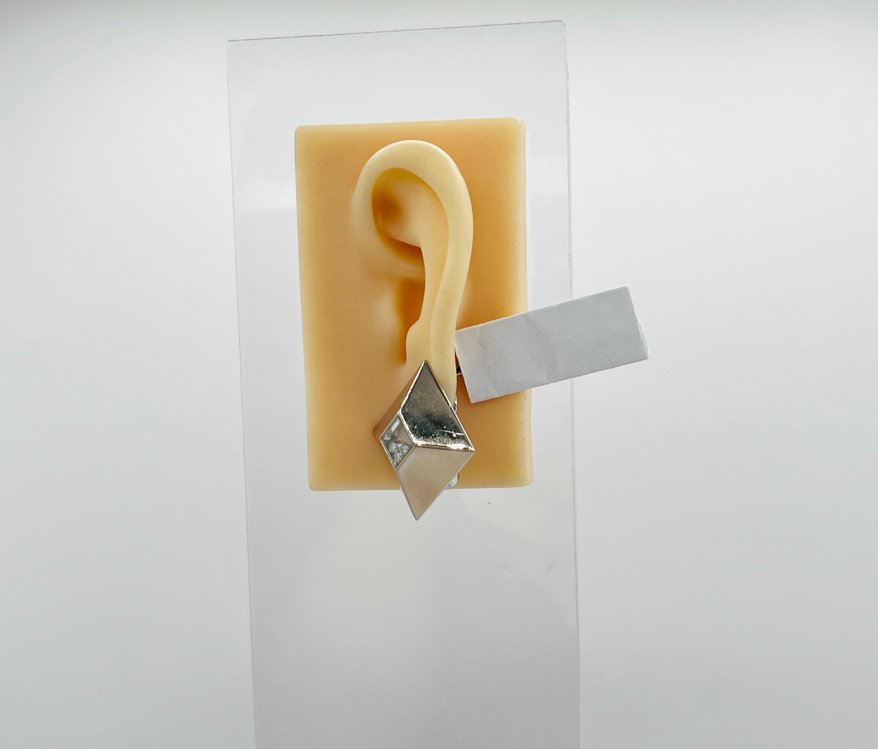 Round Cut Estate Chopard Floating White Diamond Ring, Earring, and Pendant Set in 18K Gold For Sale