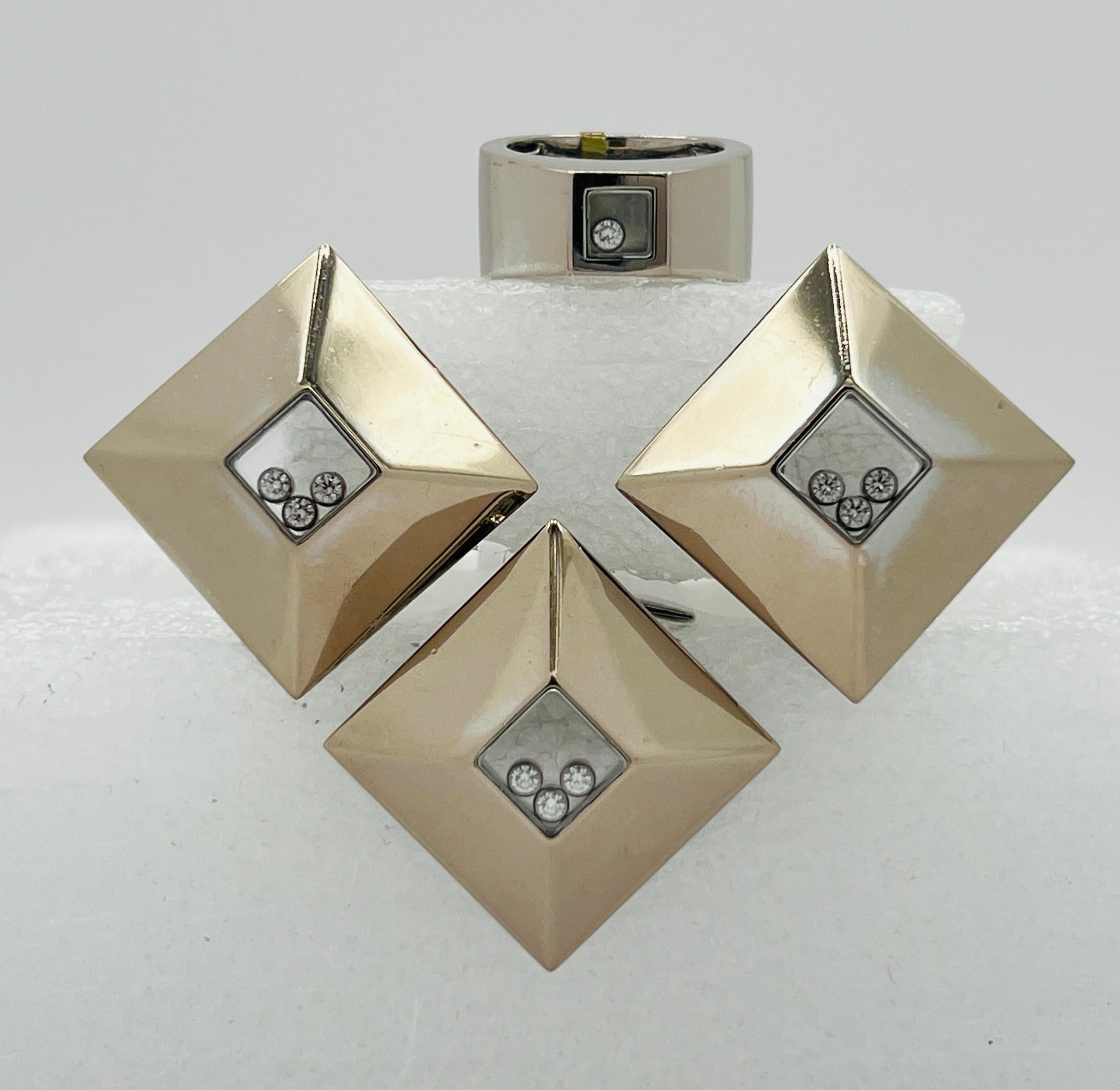 Estate Chopard Floating White Diamond Ring, Earring, and Pendant Set in 18K Gold For Sale 4