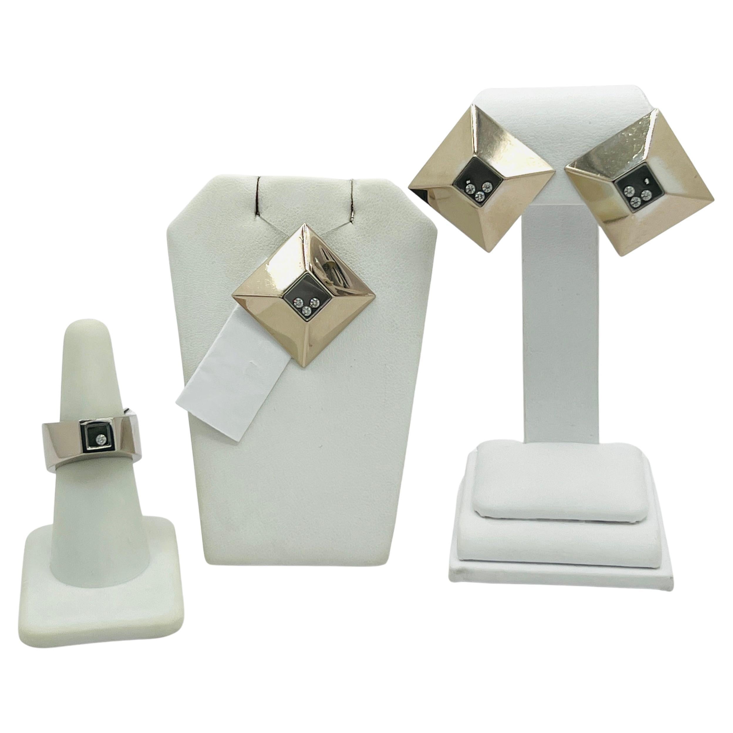 Estate Chopard Floating White Diamond Ring, Earring, and Pendant Set in 18K Gold For Sale