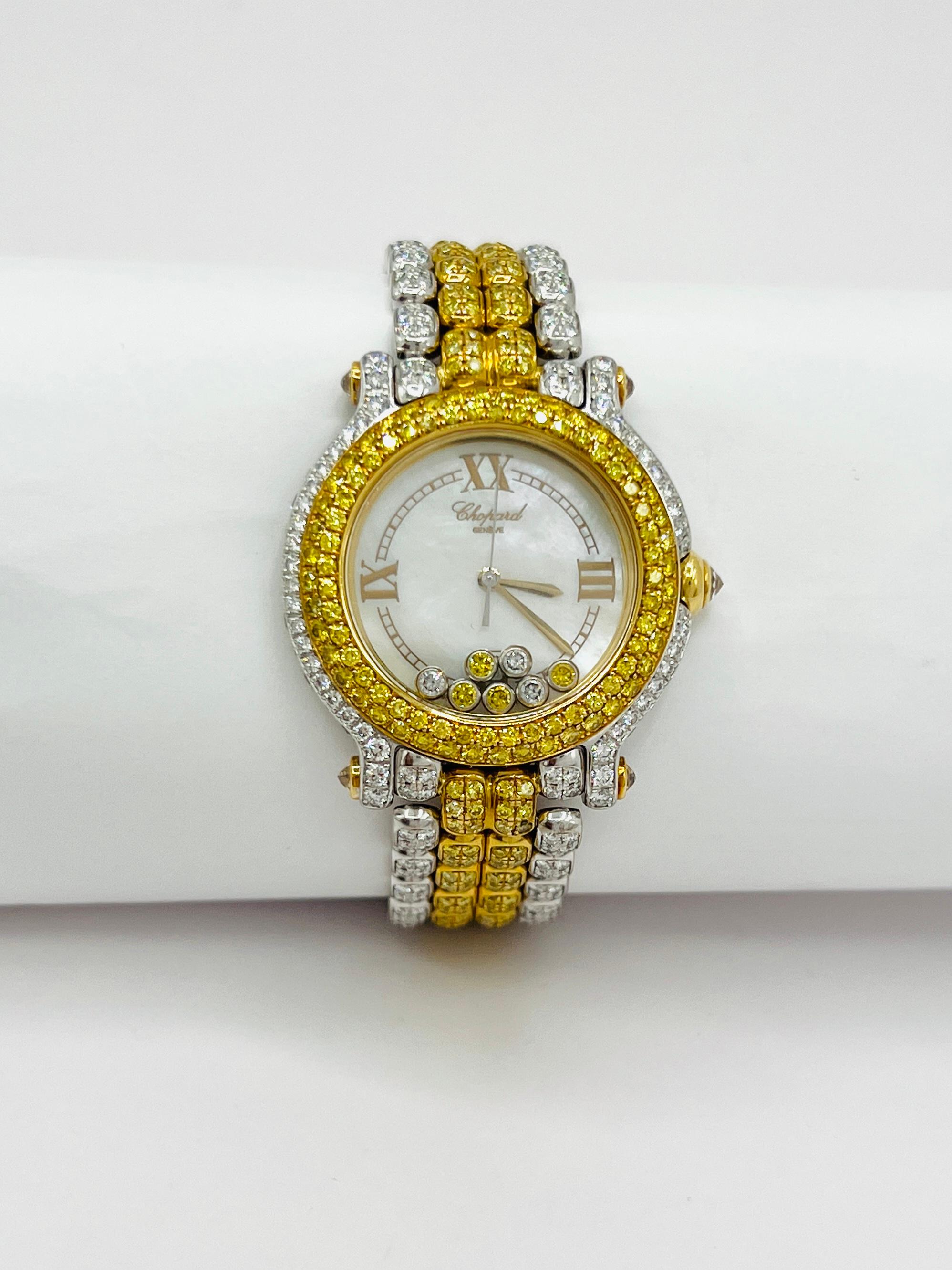 Nachlass Chopard Happy Sport Damenuhr, zweifarbige weiße und gelbe Diamanten (Rundschliff)