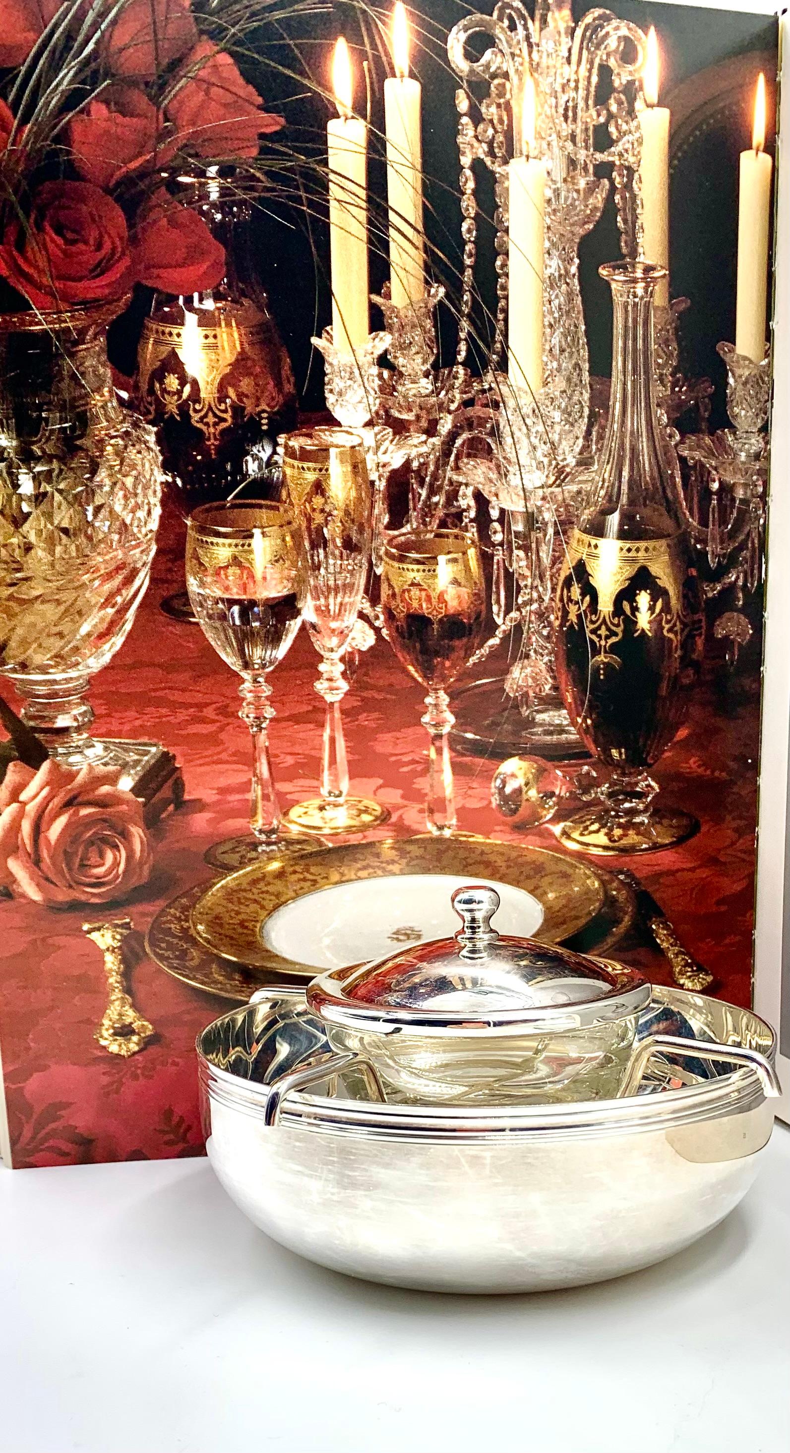 Fine estate Christofle Albi silver plated and crystal caviar serving set 
France
The Albi design was created in 1968, named after a French town located in the south of France and widely admired for its remarkable cathedral, a UNESCO World Heritage