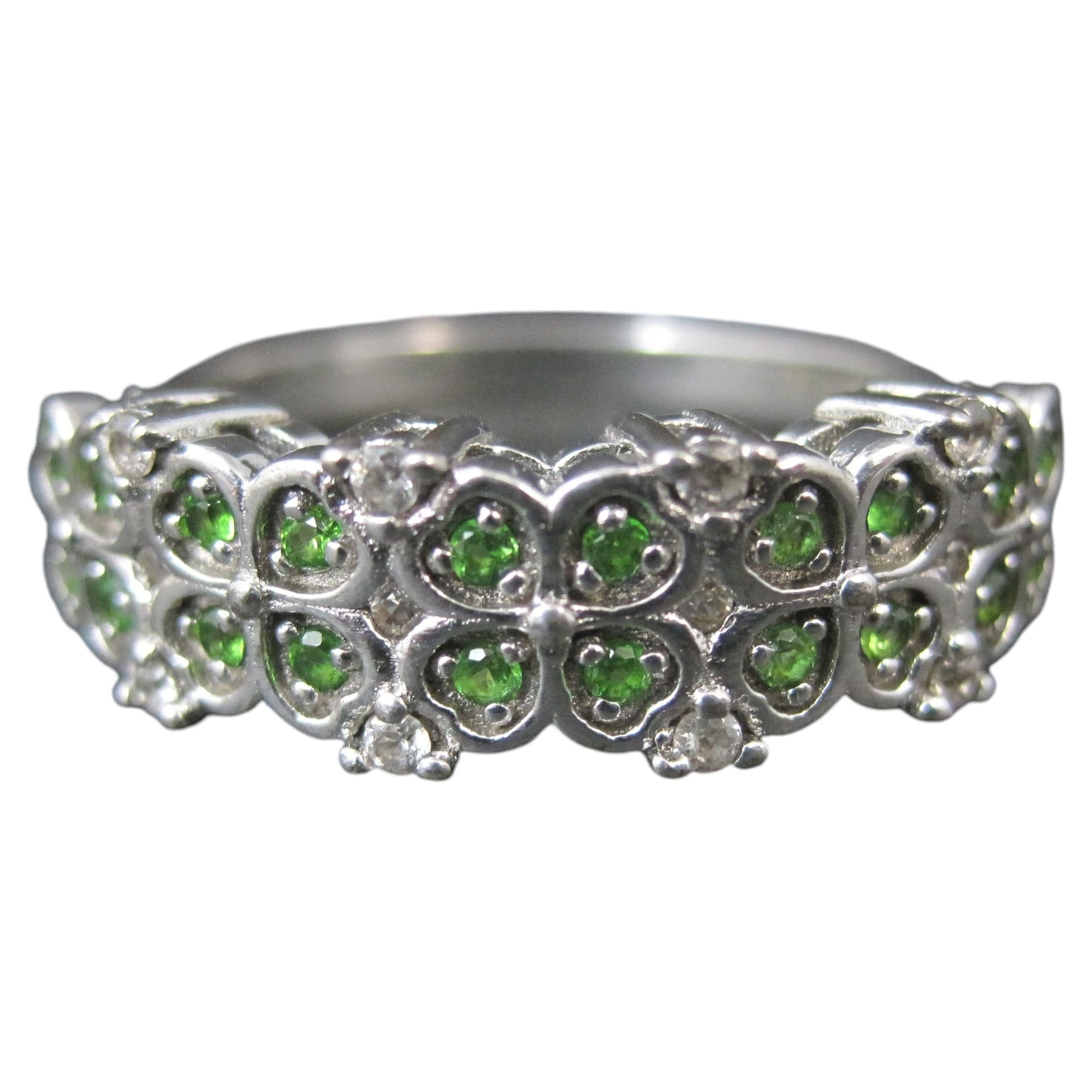 Estate Chrome Diopside Clover Ring Size 9 Sterling Silver