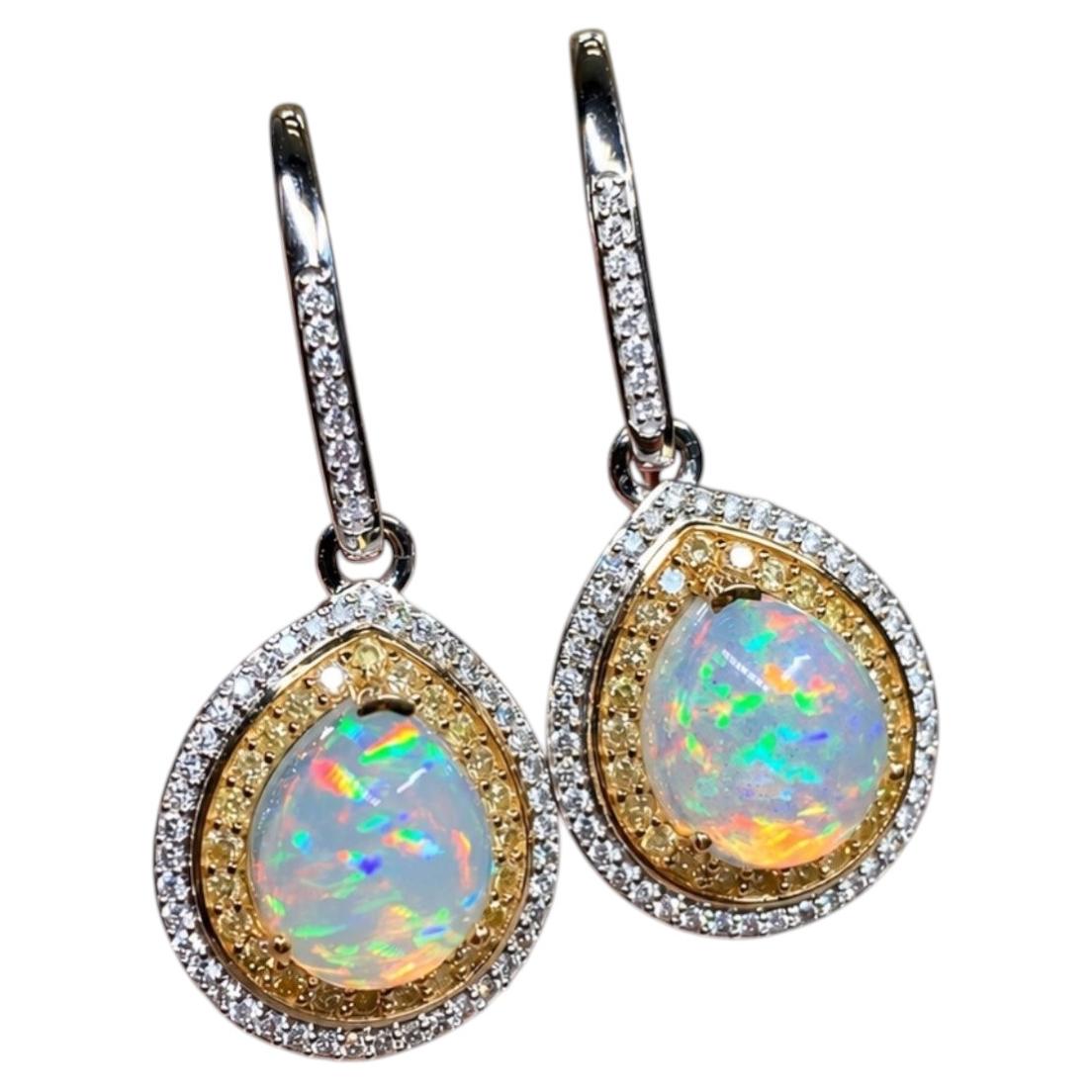 Estate Chromia 18K Two Tone Fancy Yellow Diamond Cabochon Opal Drop Earrings