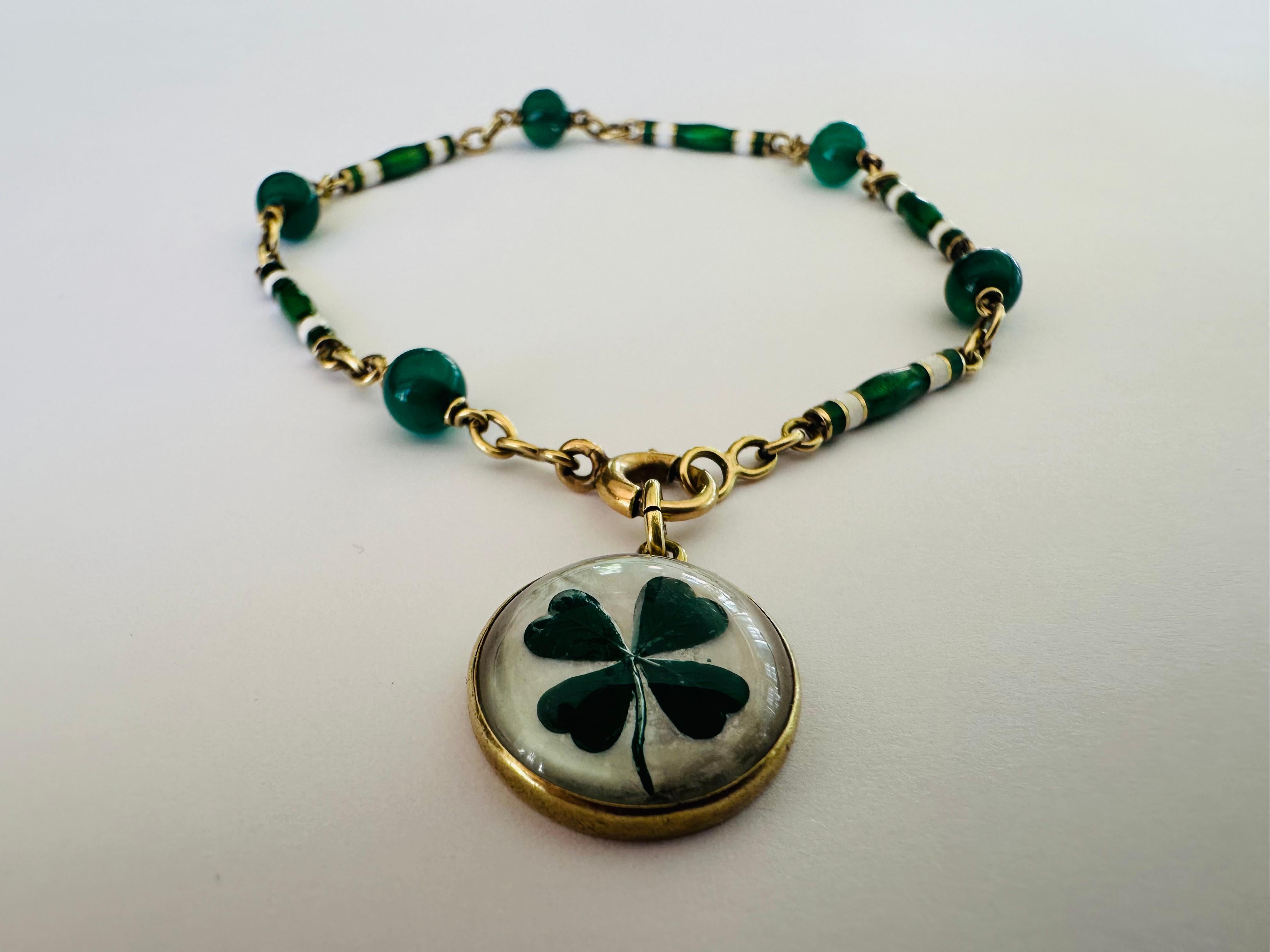 Estate Chrysoprase and Enamel Irish Charm Bracelet In Good Condition For Sale In Denver, CO