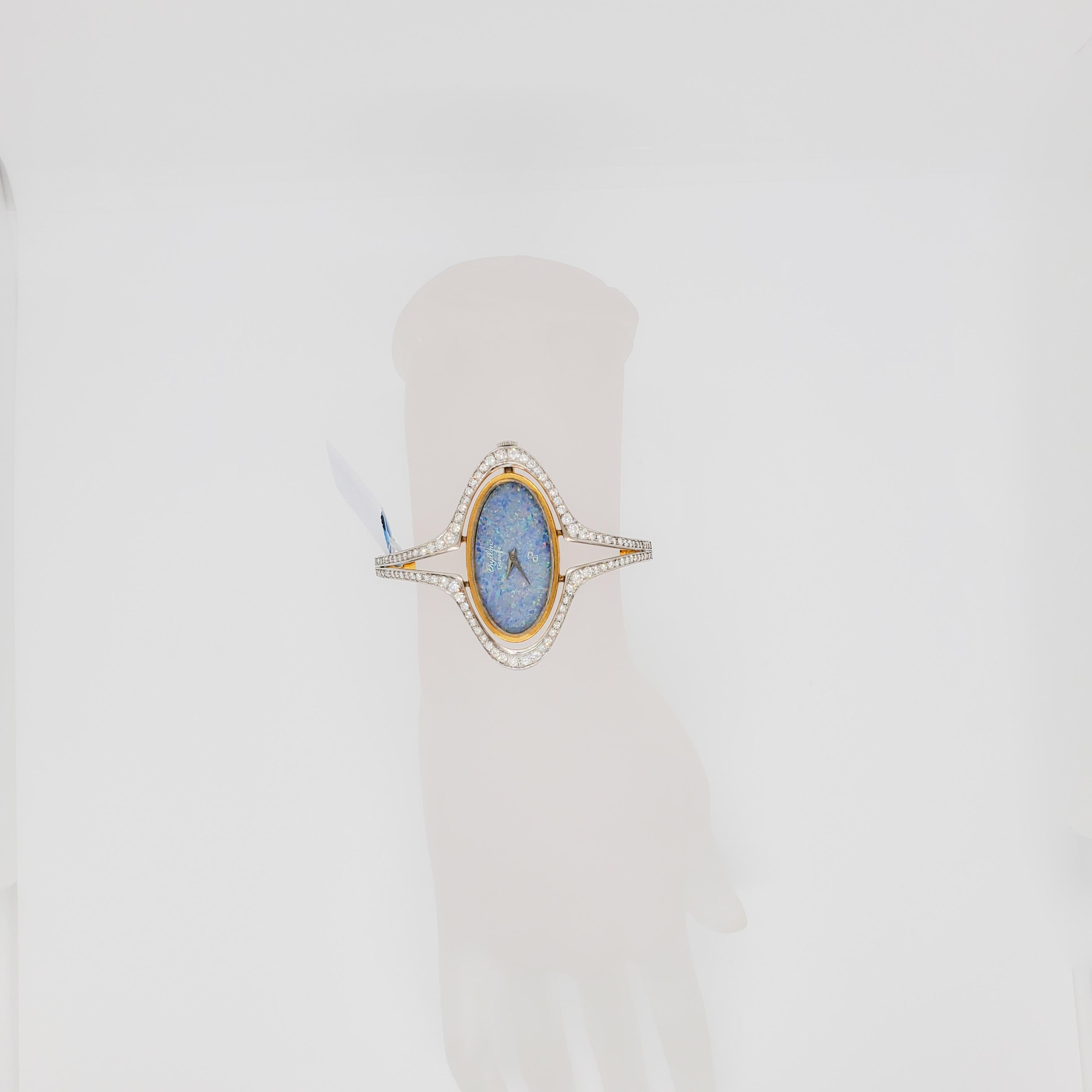 Round Cut Estate Chyllon Geneve Opal and White Diamond Bangle Watch in 18k Two Tone Gold