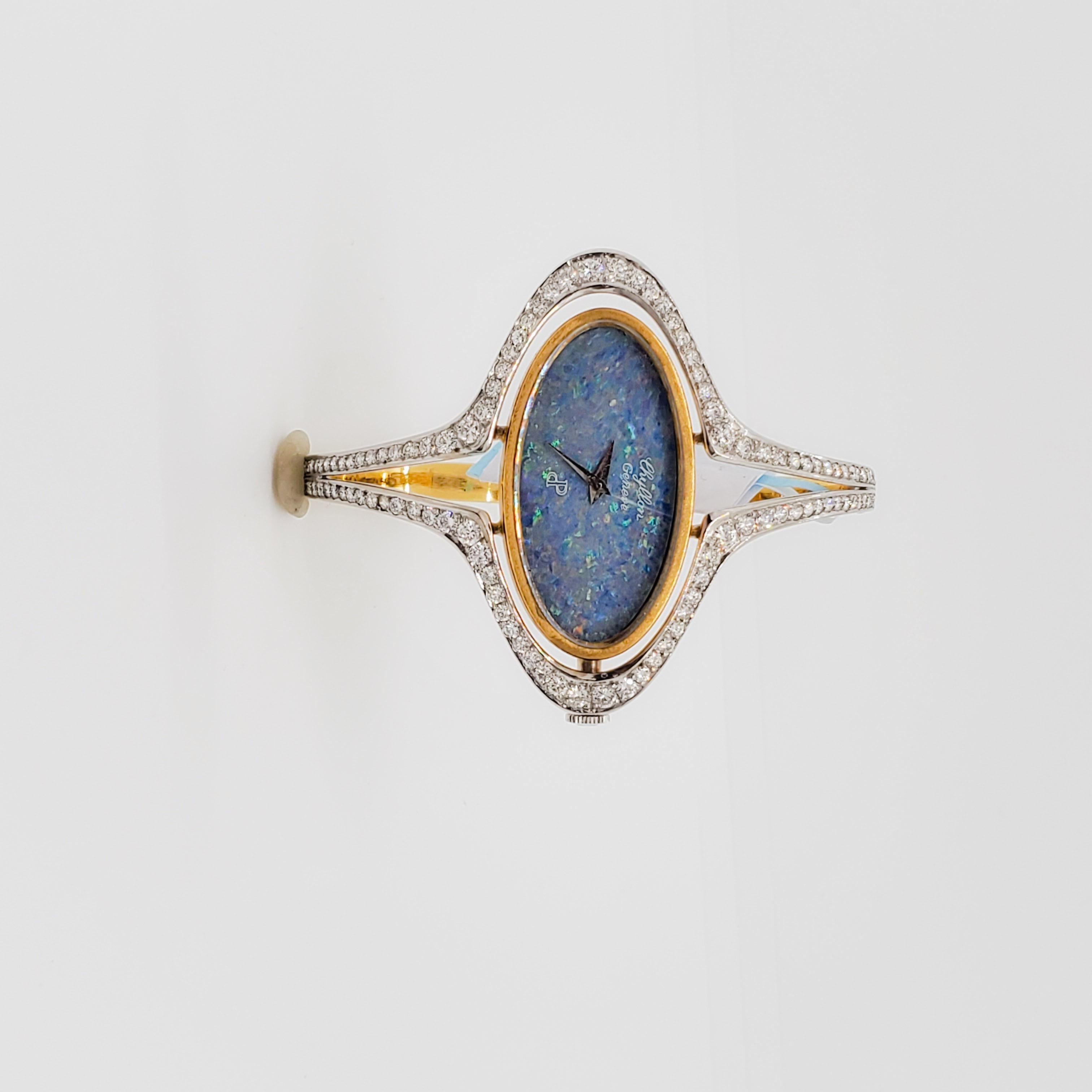 Estate Chyllon Geneve Opal und weißer Diamant Armreif Uhr in 18k zwei Tone Gold im Zustand „Hervorragend“ in Los Angeles, CA