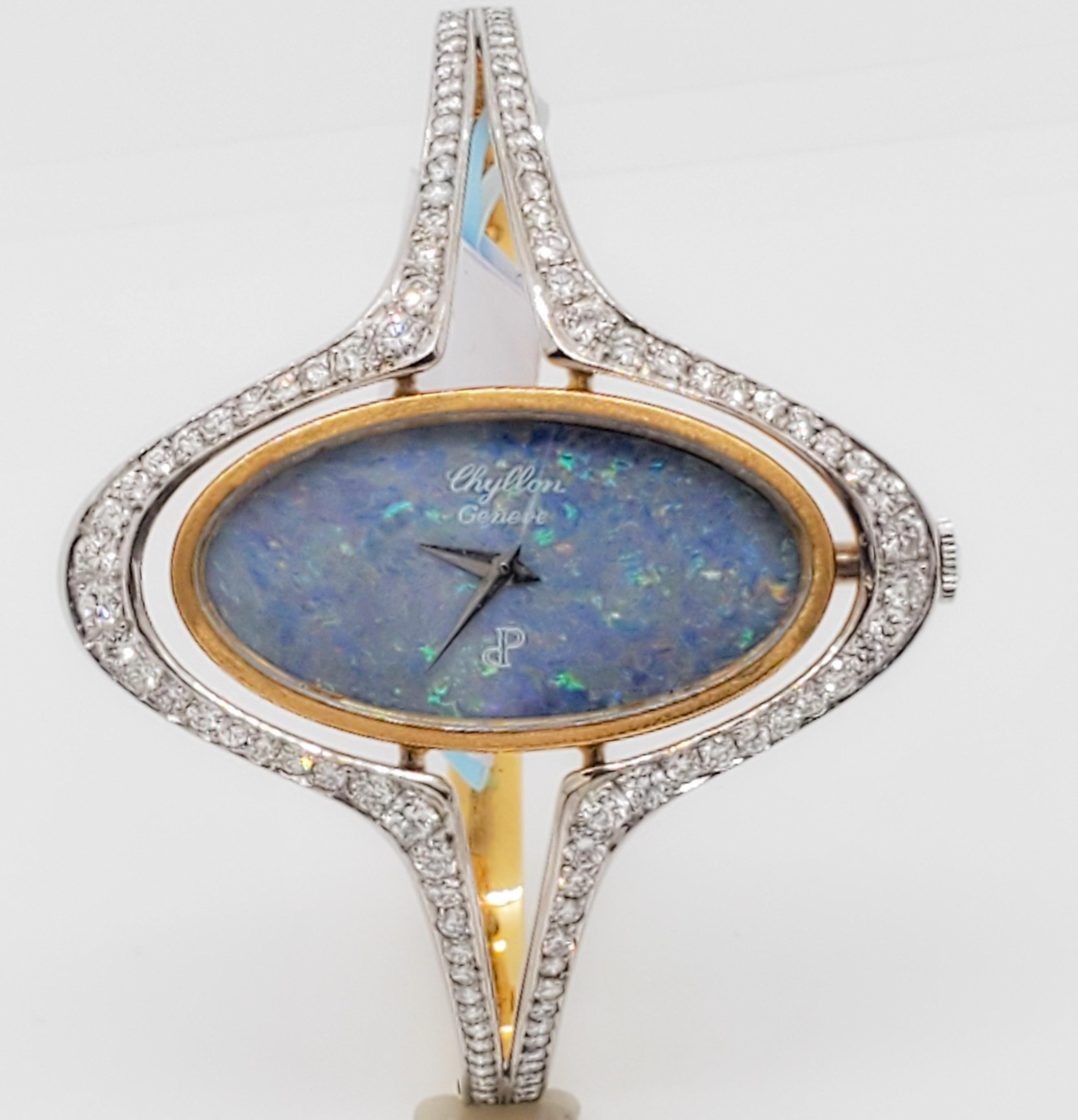 Estate Chyllon Geneve Opal and White Diamond Bangle Watch in 18k Two Tone Gold 1