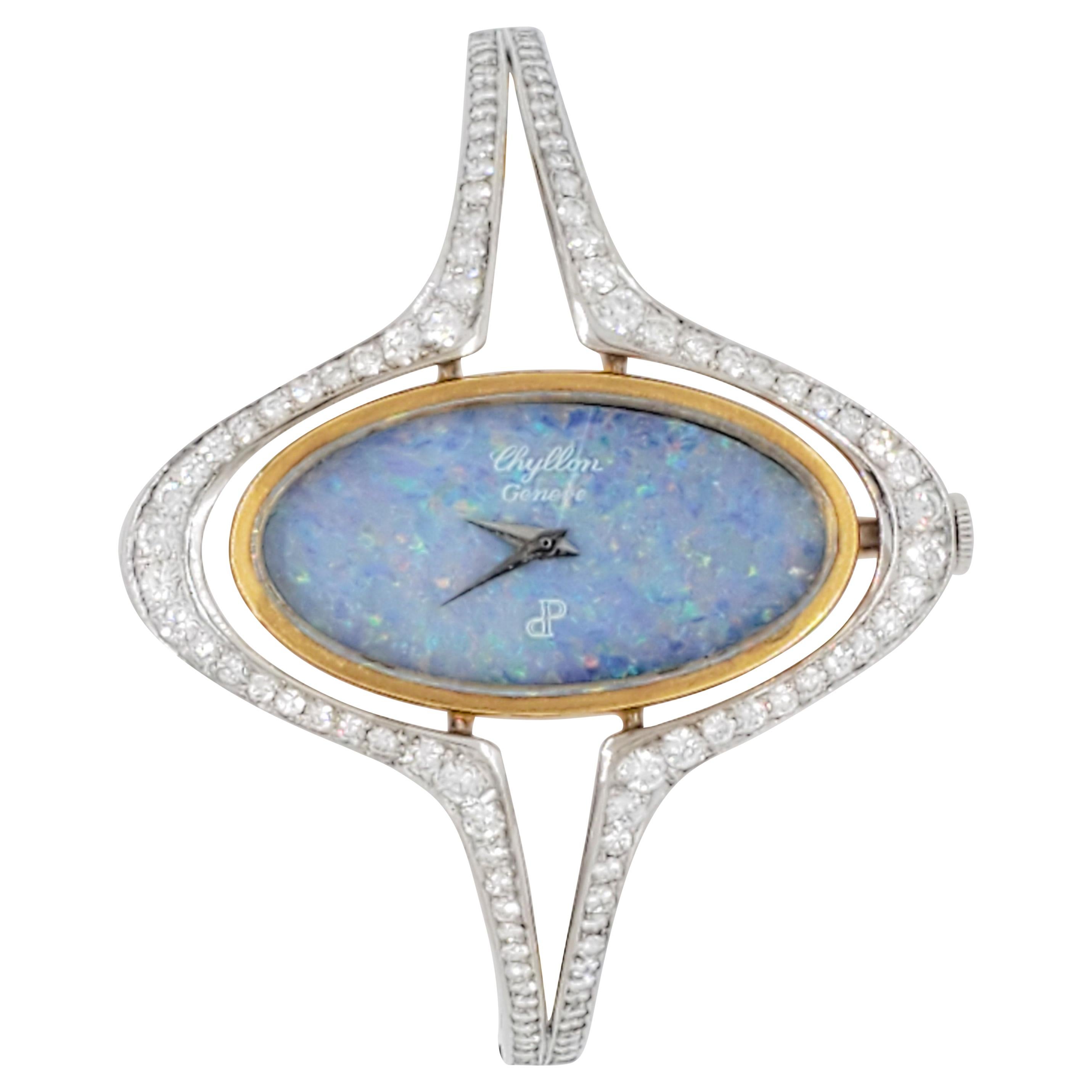 Estate Chyllon Geneve Opal and White Diamond Bangle Watch in 18k Two Tone Gold