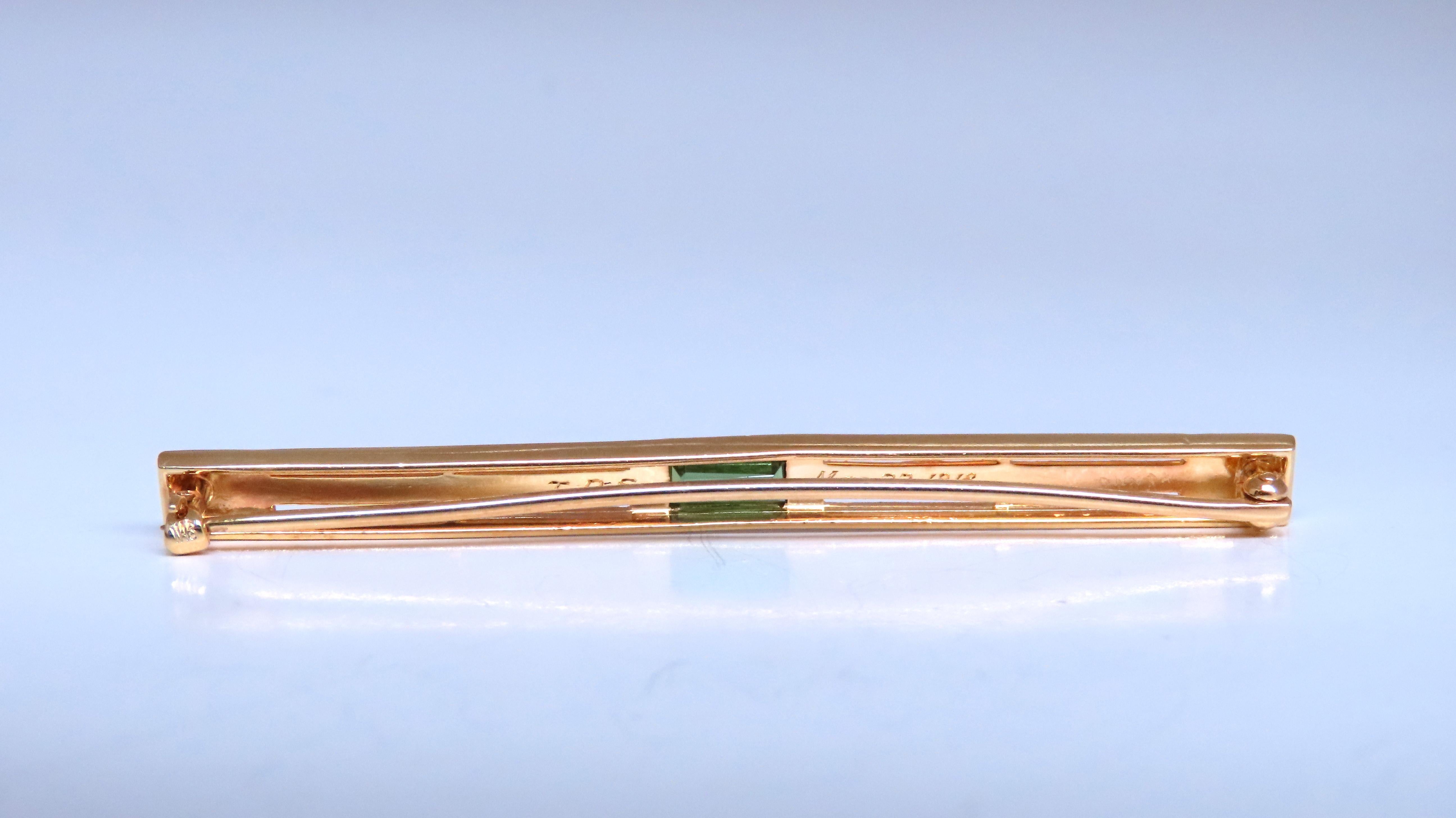 Contemporary Estate Circa 1918 Tie Bar / hair pin 14kt Gold Bright Tourmaline For Sale