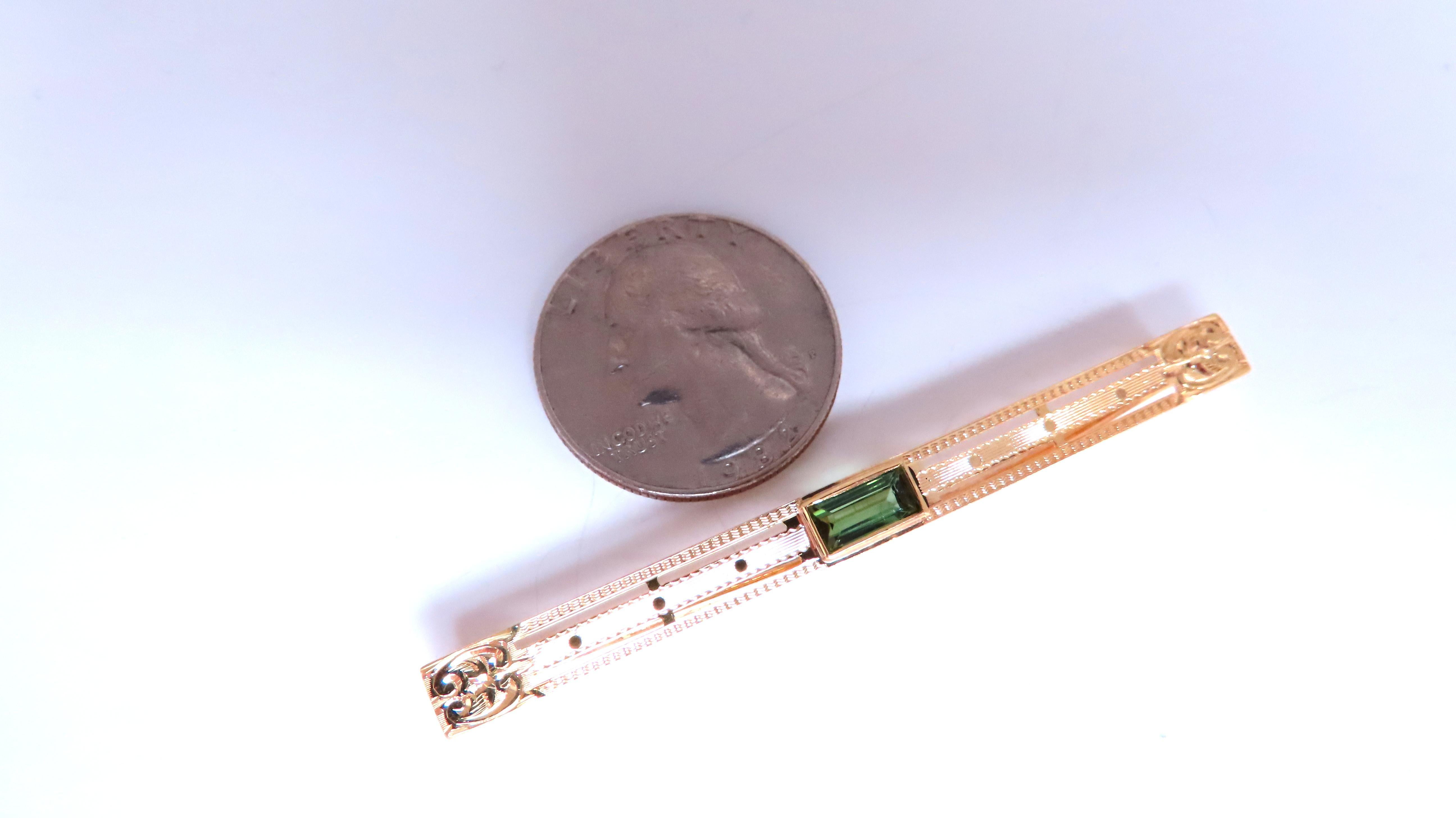Emerald Cut Estate Circa 1918 Tie Bar / hair pin 14kt Gold Bright Tourmaline For Sale