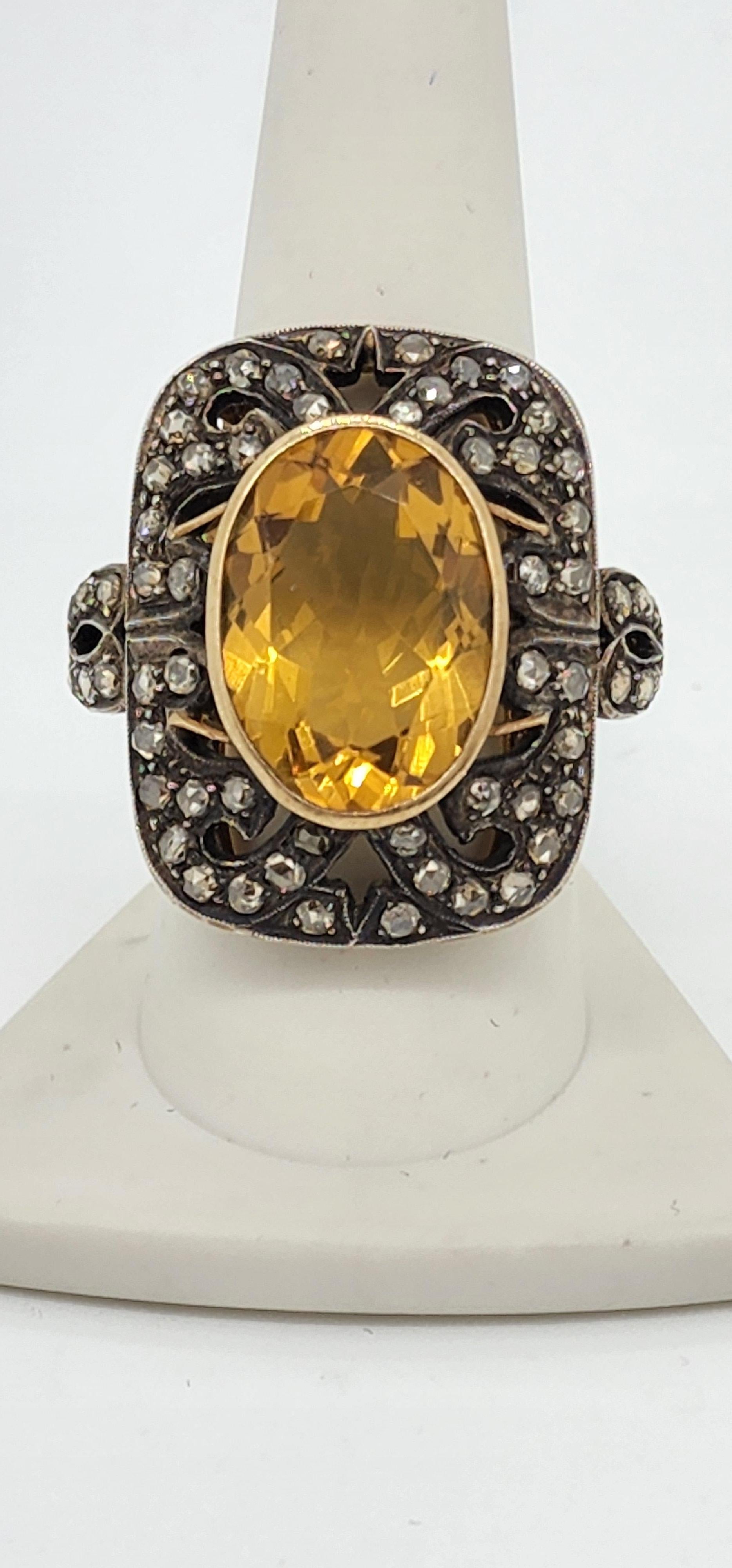 Women's or Men's  Citrine and Diamond Rose Cut Cocktail Ring in 14k and Black Rhodium For Sale