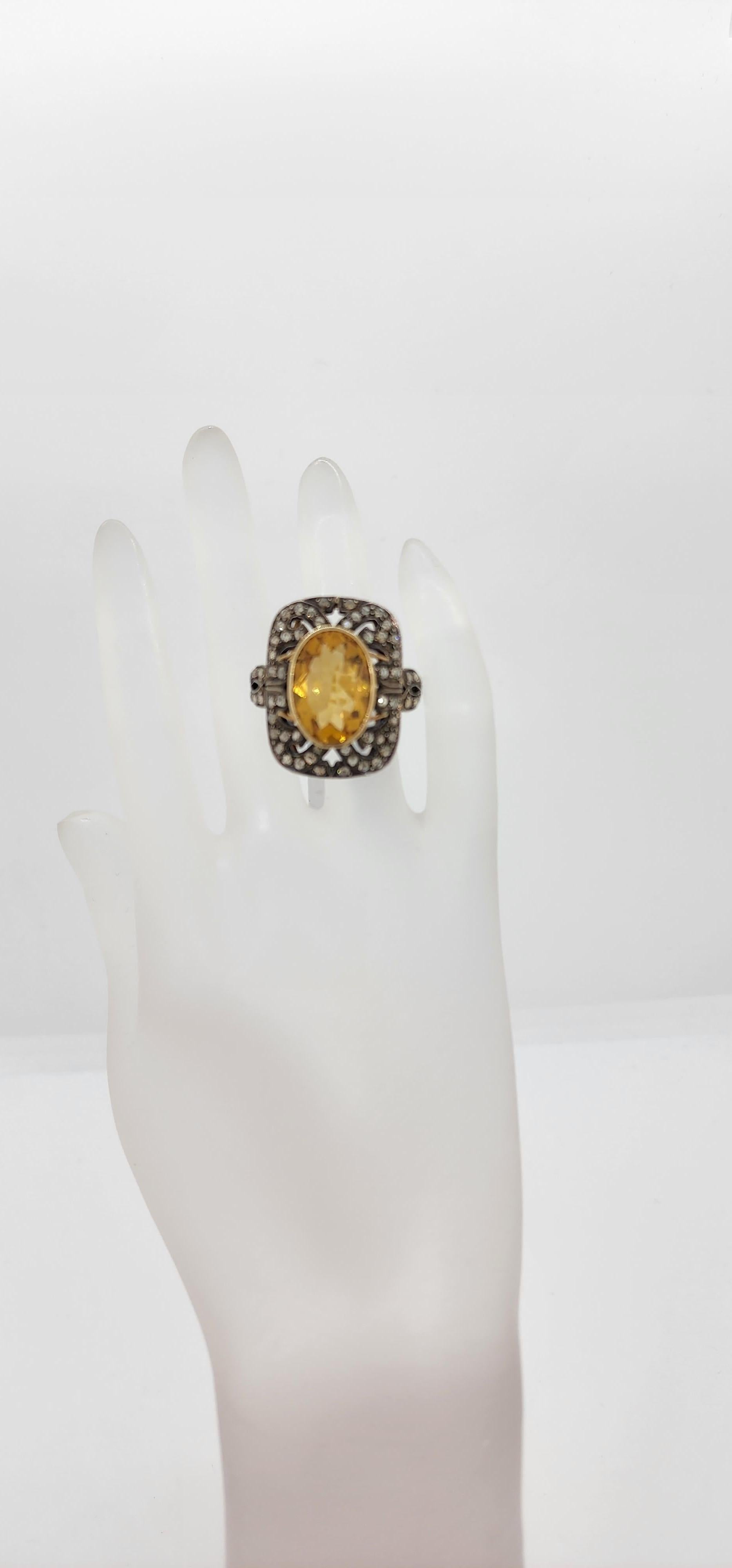  Citrine and Diamond Rose Cut Cocktail Ring in 14k and Black Rhodium For Sale 1
