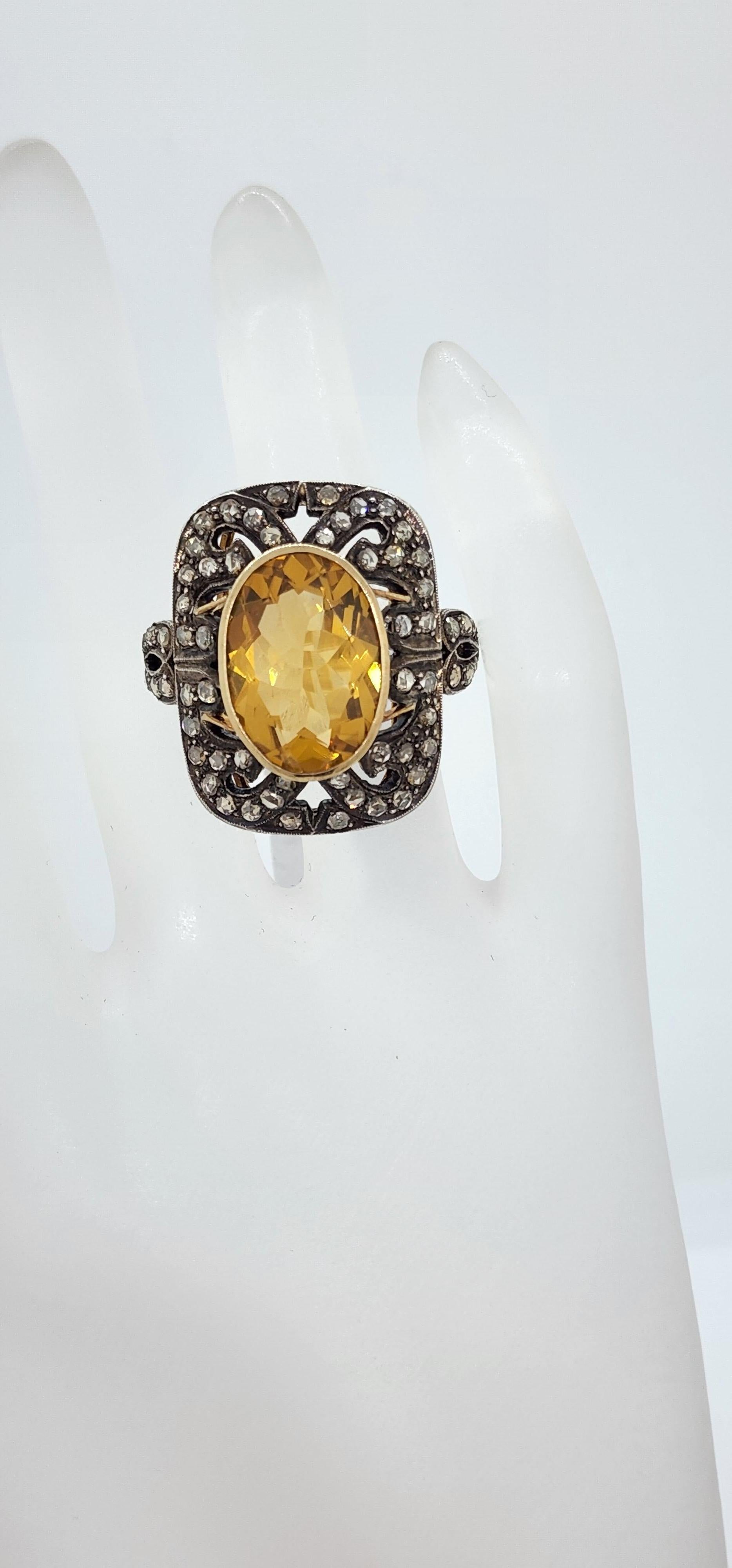  Citrine and Diamond Rose Cut Cocktail Ring in 14k and Black Rhodium For Sale 2
