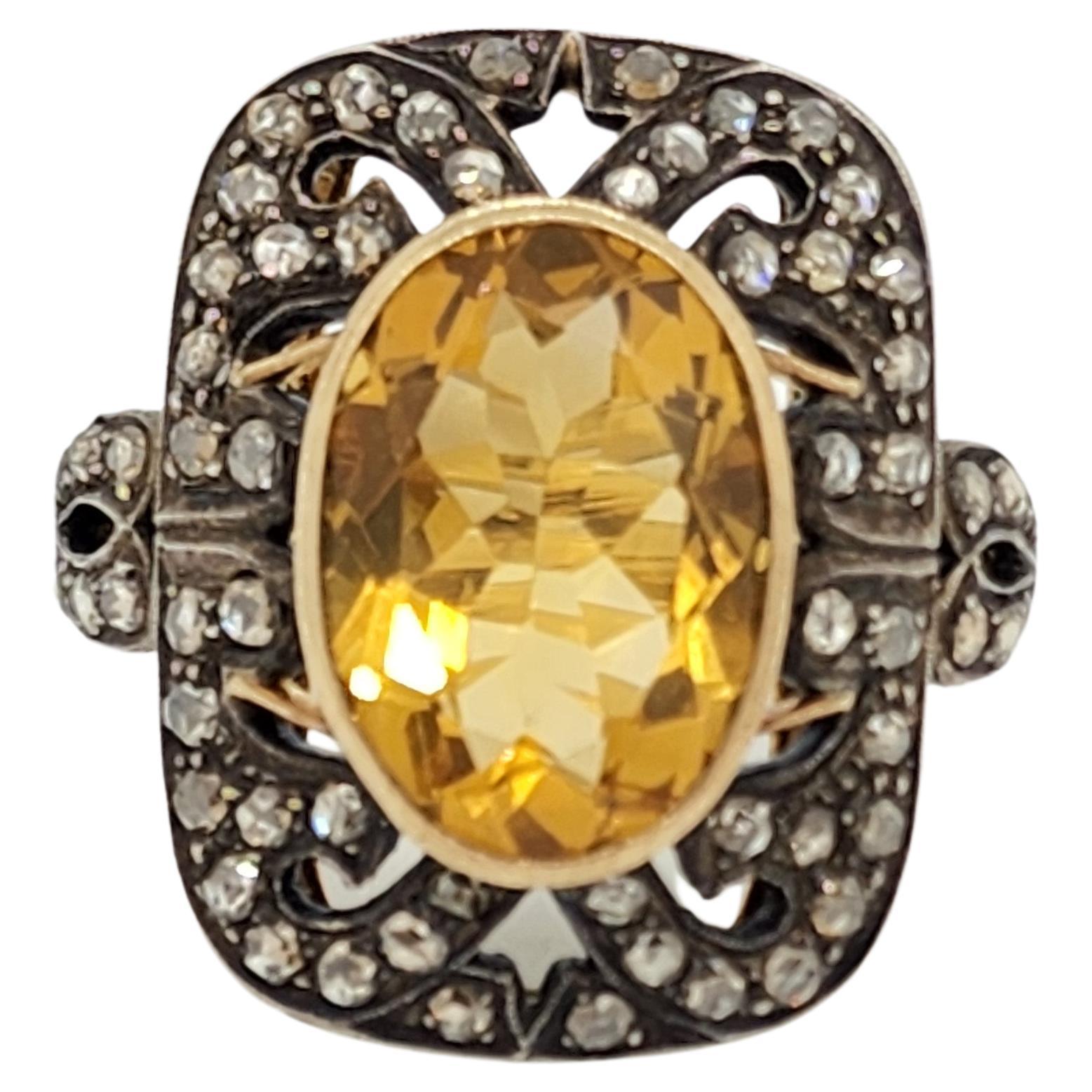  Bague cocktail citrine et diamant taille rose en 14k et rhodium noir