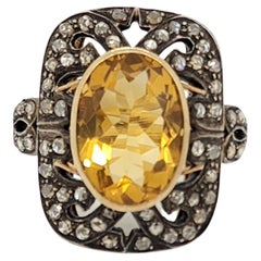 Estate Citrine and Diamond Rose Cut Cocktail Ring in 14k and Black Rhodium