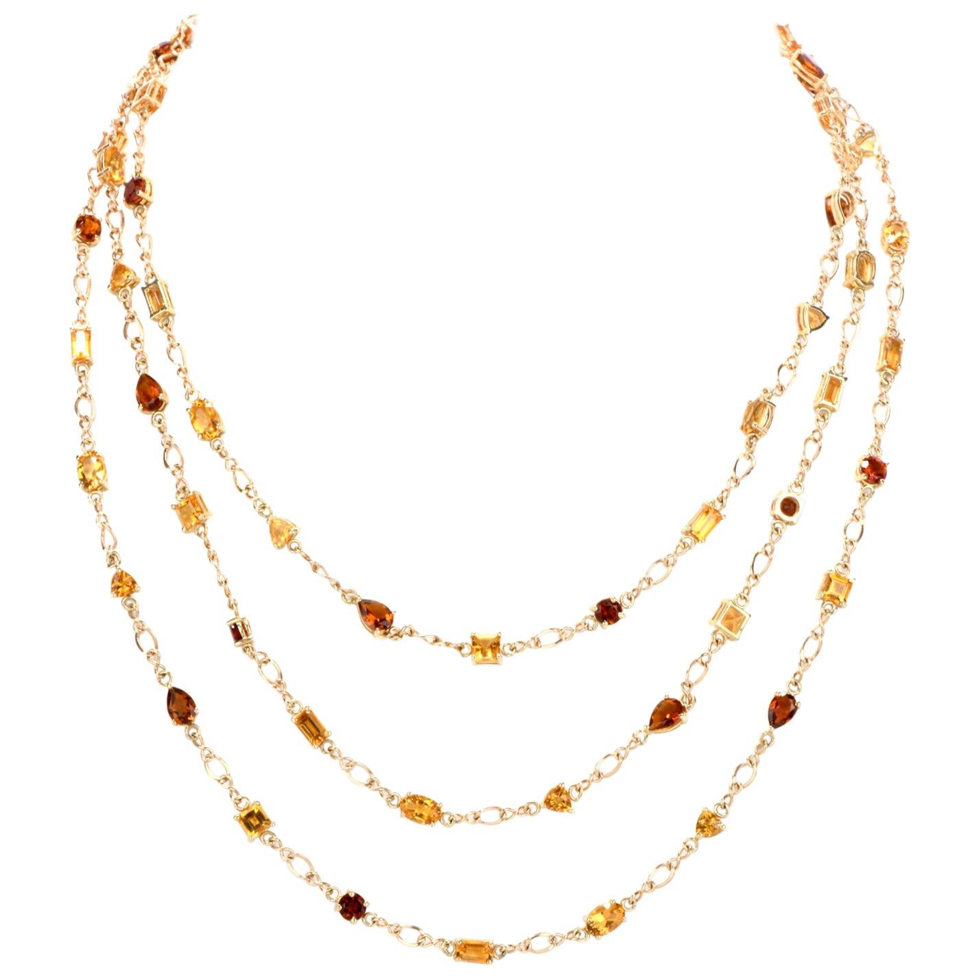 Estate Citrine Garnet Gold Wrap Long Chain Necklace