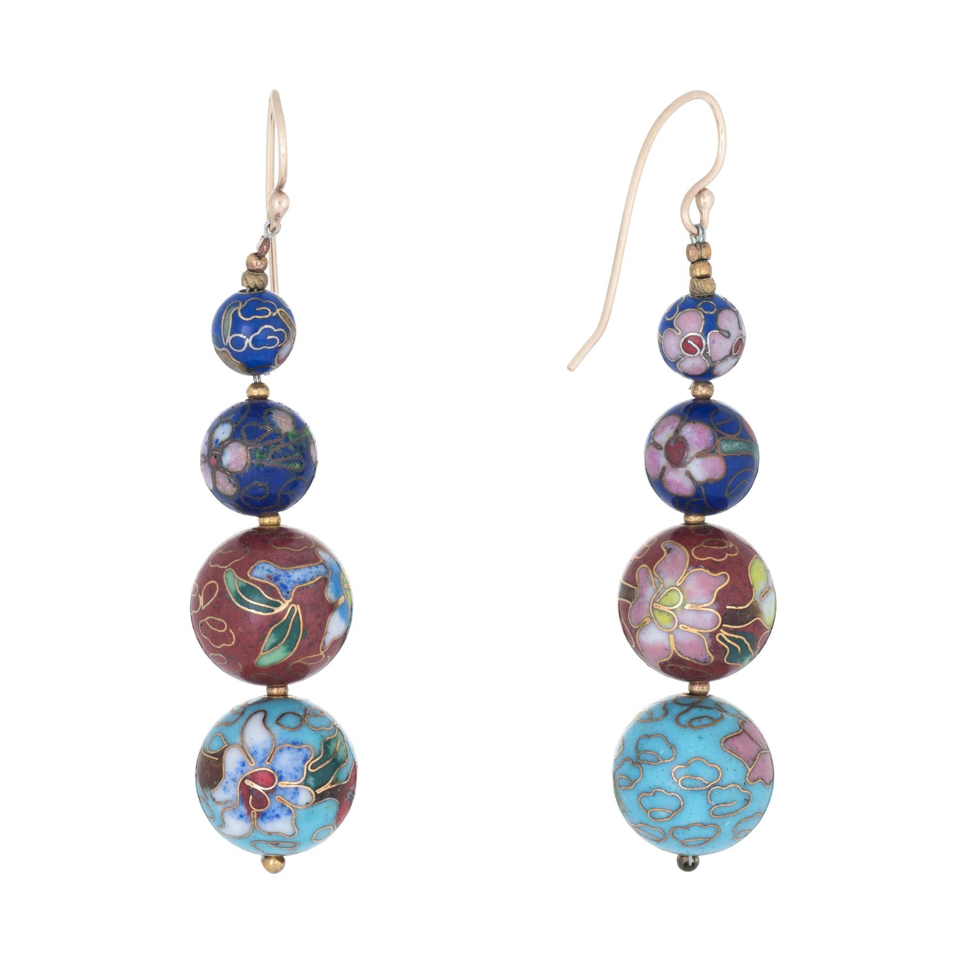 Estate Cloisonné Earrings 14 Karat Yellow Gold Graduated Beads Fine