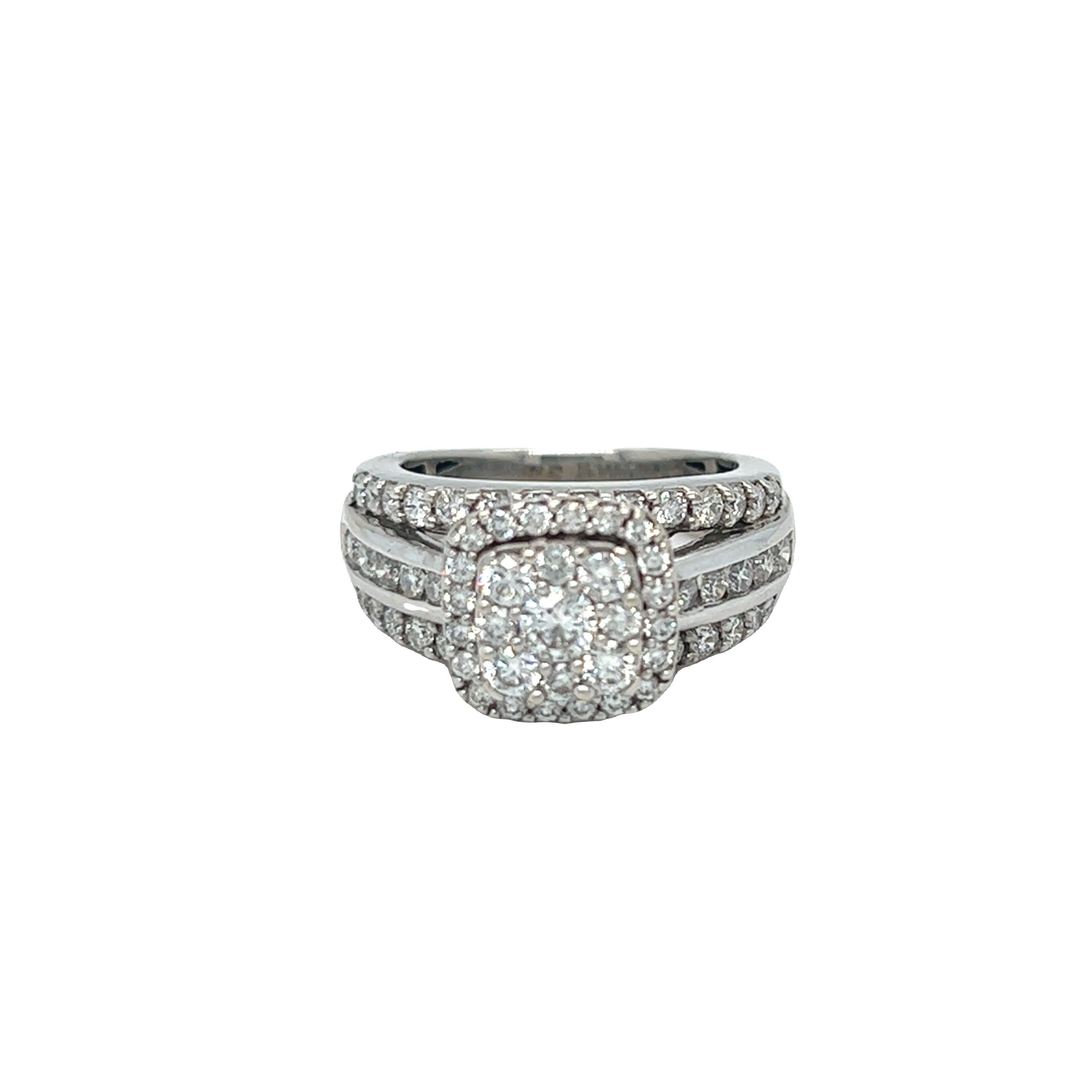 Modern Estate Clustered Diamond Engagement Ring 14K White Gold For Sale
