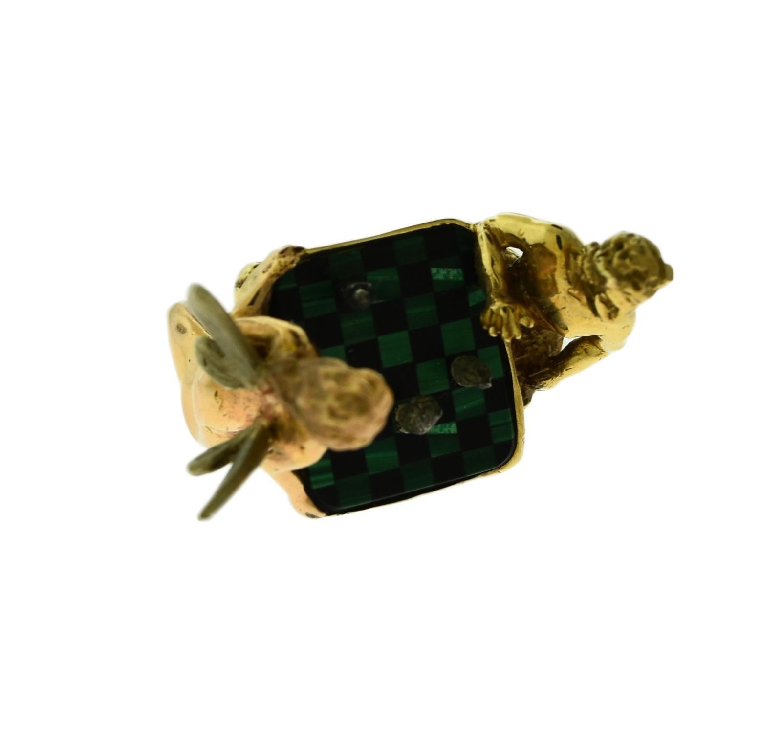 Estate Cocktail Emerald and Onyx Fairy Chess Ring in Yellow and Rose Gold In Good Condition In Miami, FL