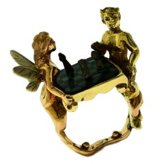 Estate Cocktail Emerald and Onyx Fairy Chess Ring in Yellow and Rose Gold