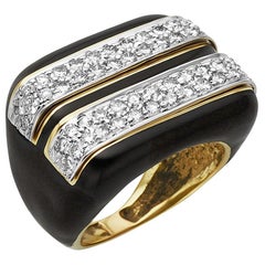 18 Karat Gold Diamond and Black Enamel Ring