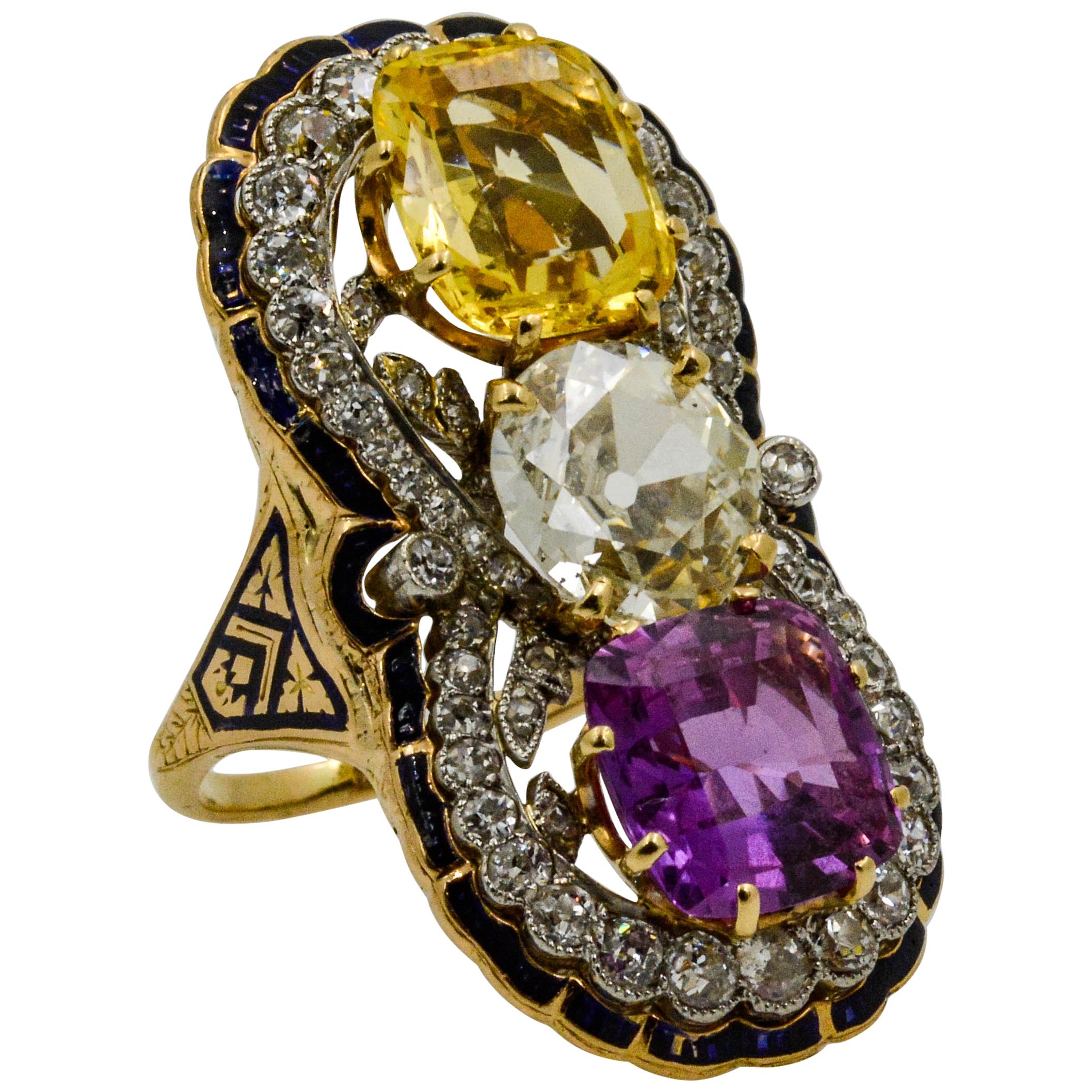 Old European Cut Victorian Three-Stone Sapphire and Diamond Ring