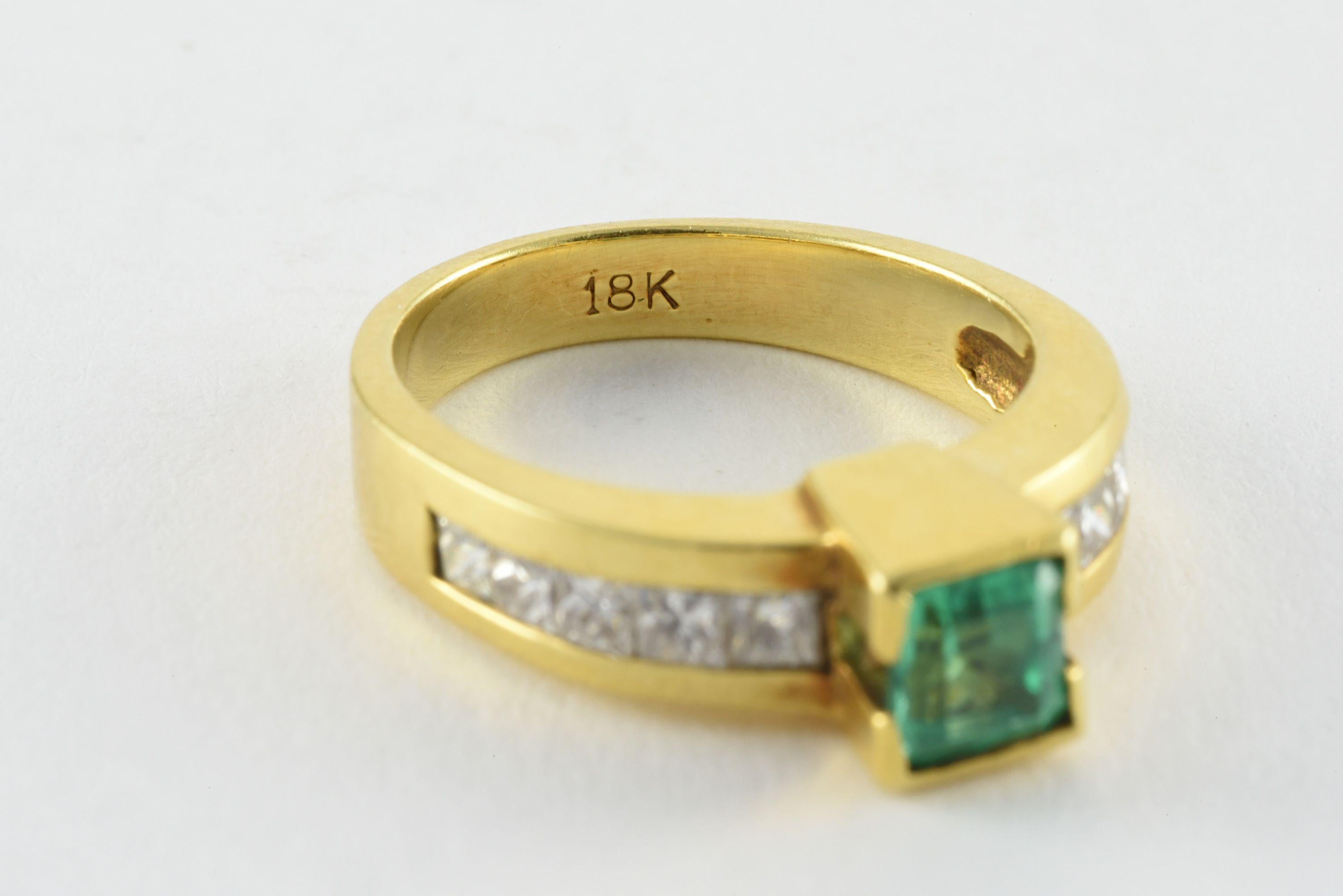 Emerald Cut Estate Colombian Emerald and Diamond Ring  For Sale