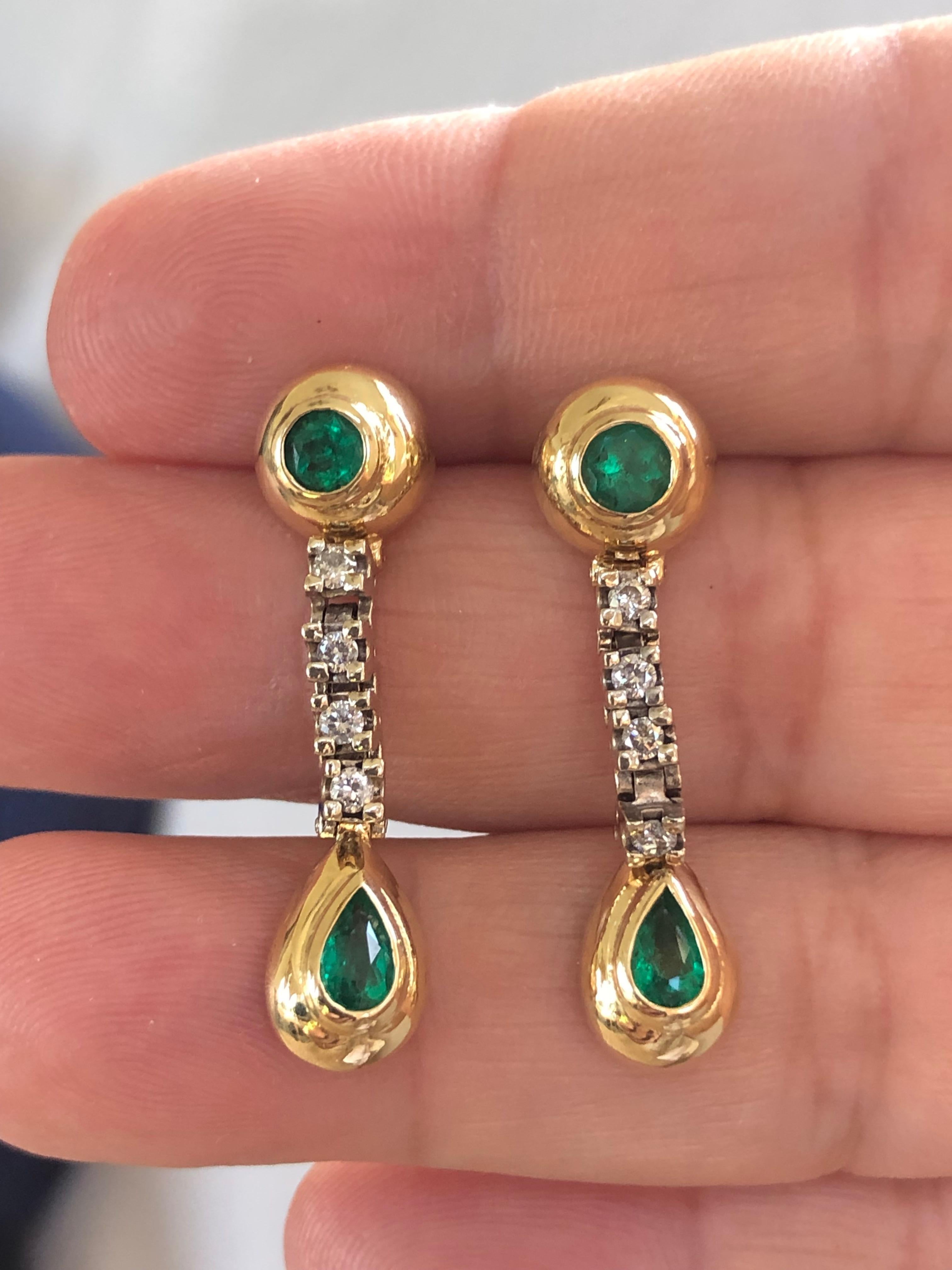 Art Deco Estate Colombian Emerald & Diamond Dangle Drop Earrings Gold For Sale