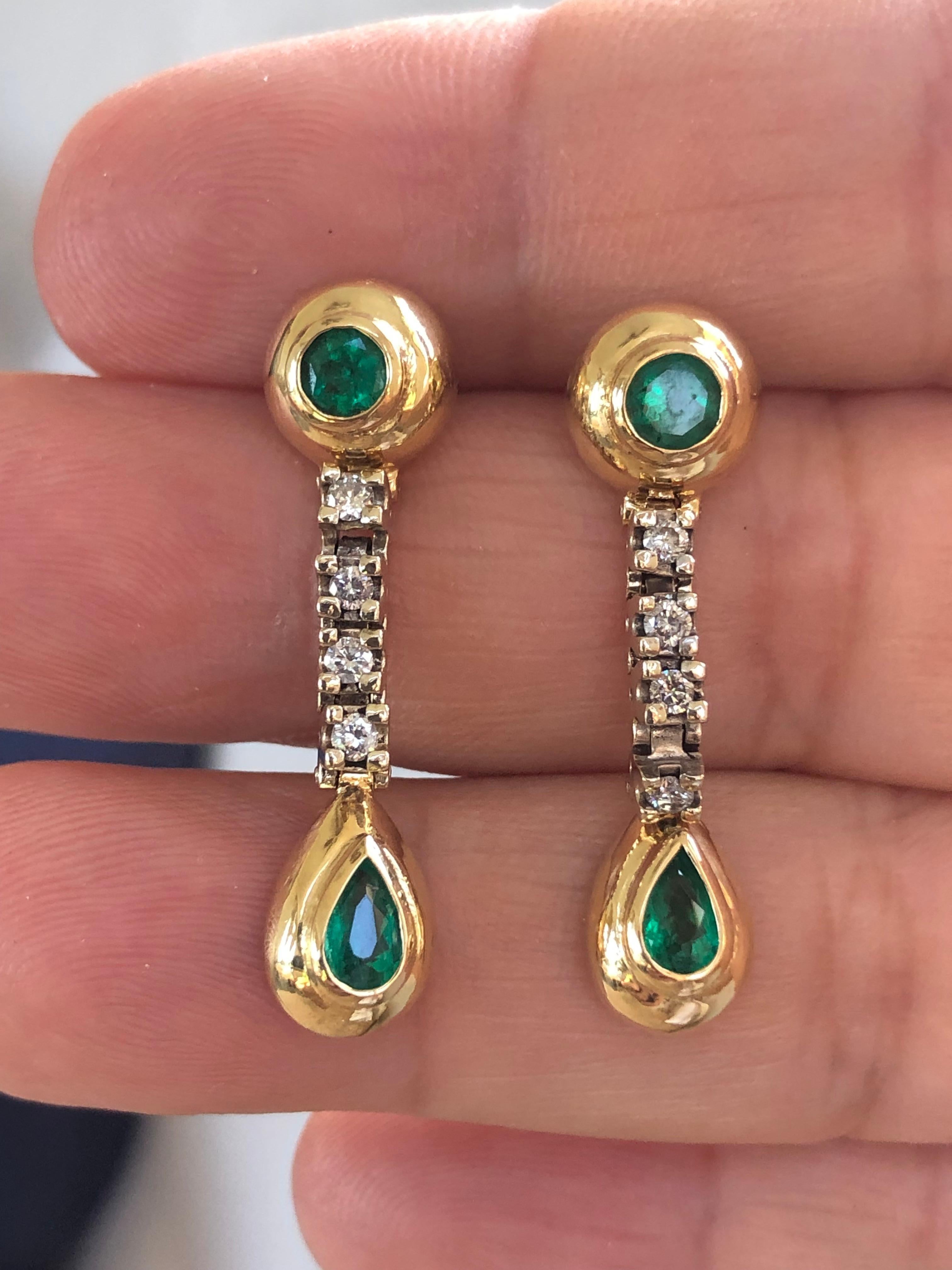 Estate Colombian Emerald & Diamond Dangle Drop Earrings Gold For Sale 3