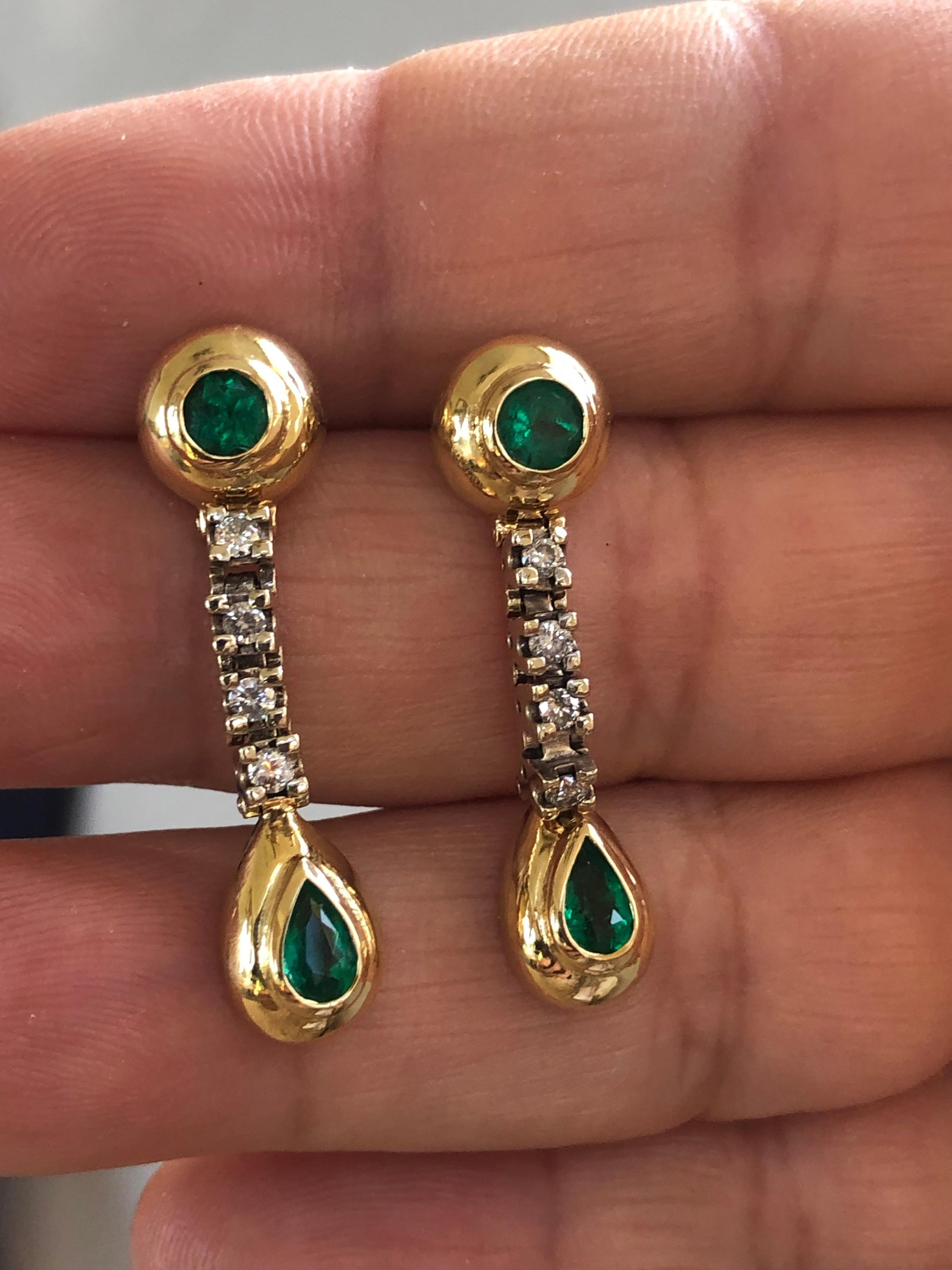 Estate Colombian Emerald & Diamond Dangle Drop Earrings Gold For Sale 4