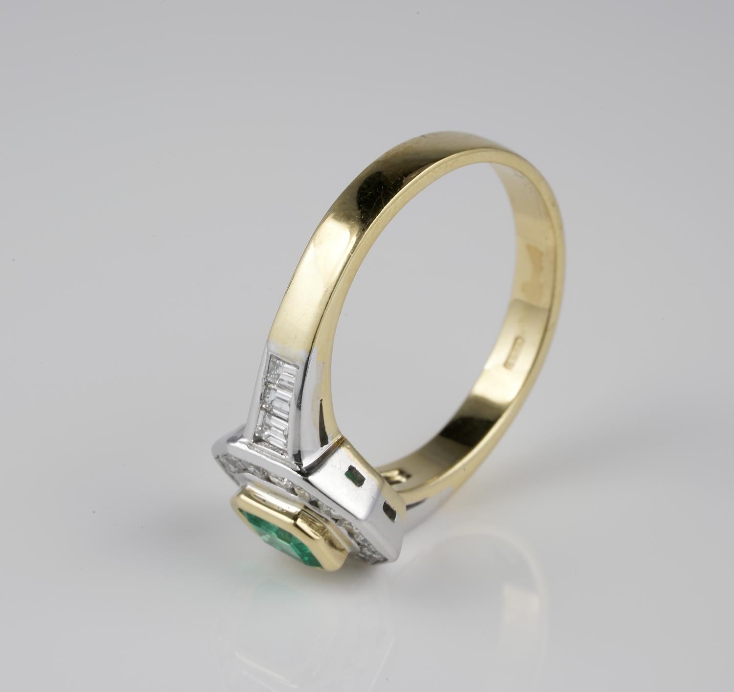 Emerald Cut Estate Colombian Emerald Diamond Engagement 18 KT Ring For Sale
