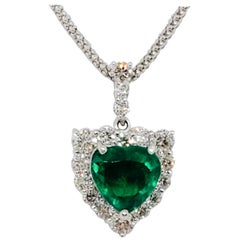 Estate Colombian Emerald Heart Shape and White Diamond Pendant Necklace