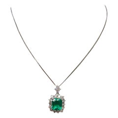 Estate Colombian Emerald Octagon and White Diamond Round Pendant Necklace