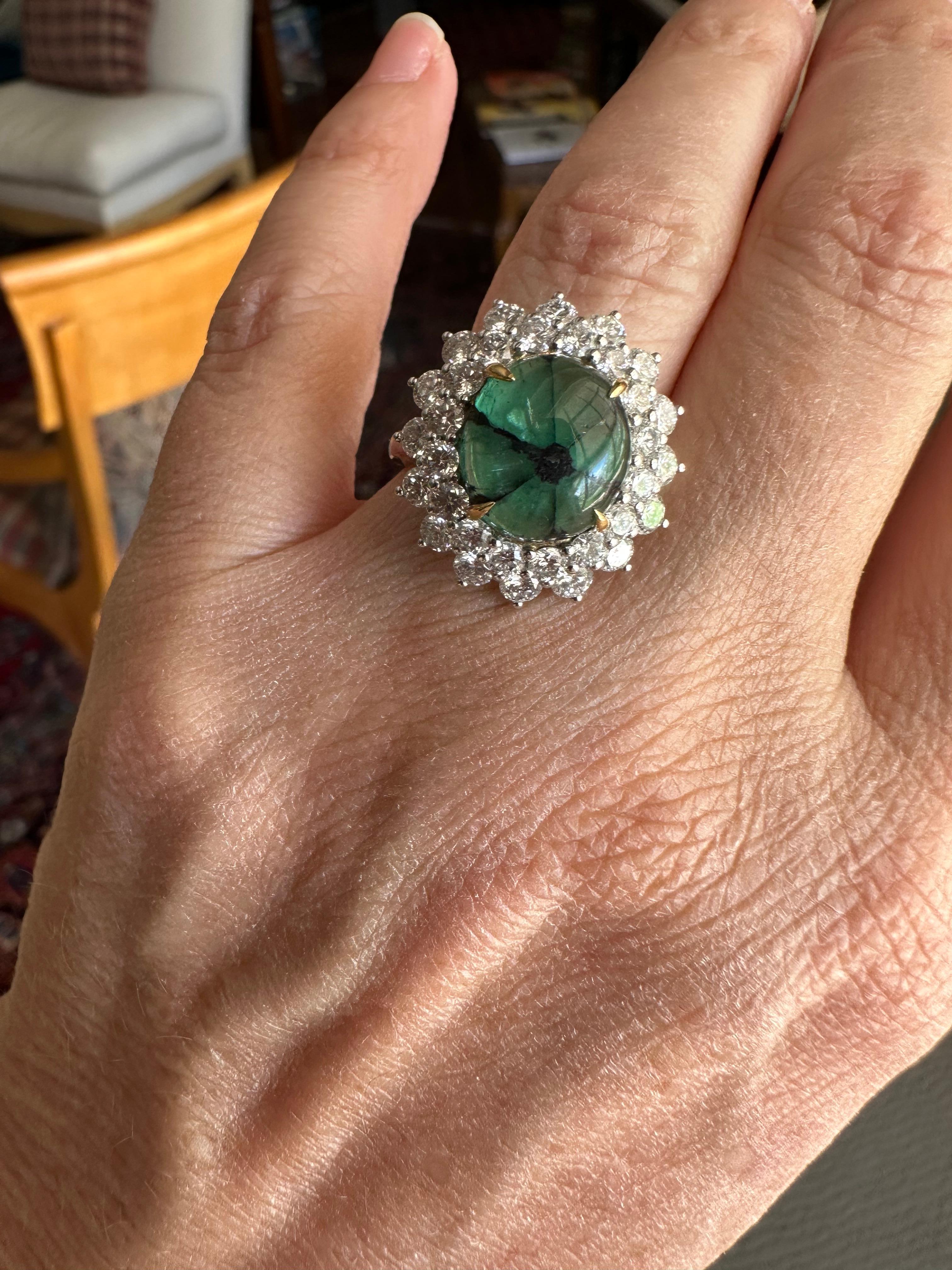 Estate Colombian Trapiche Emerald and Diamond Cocktail Ring For Sale 2