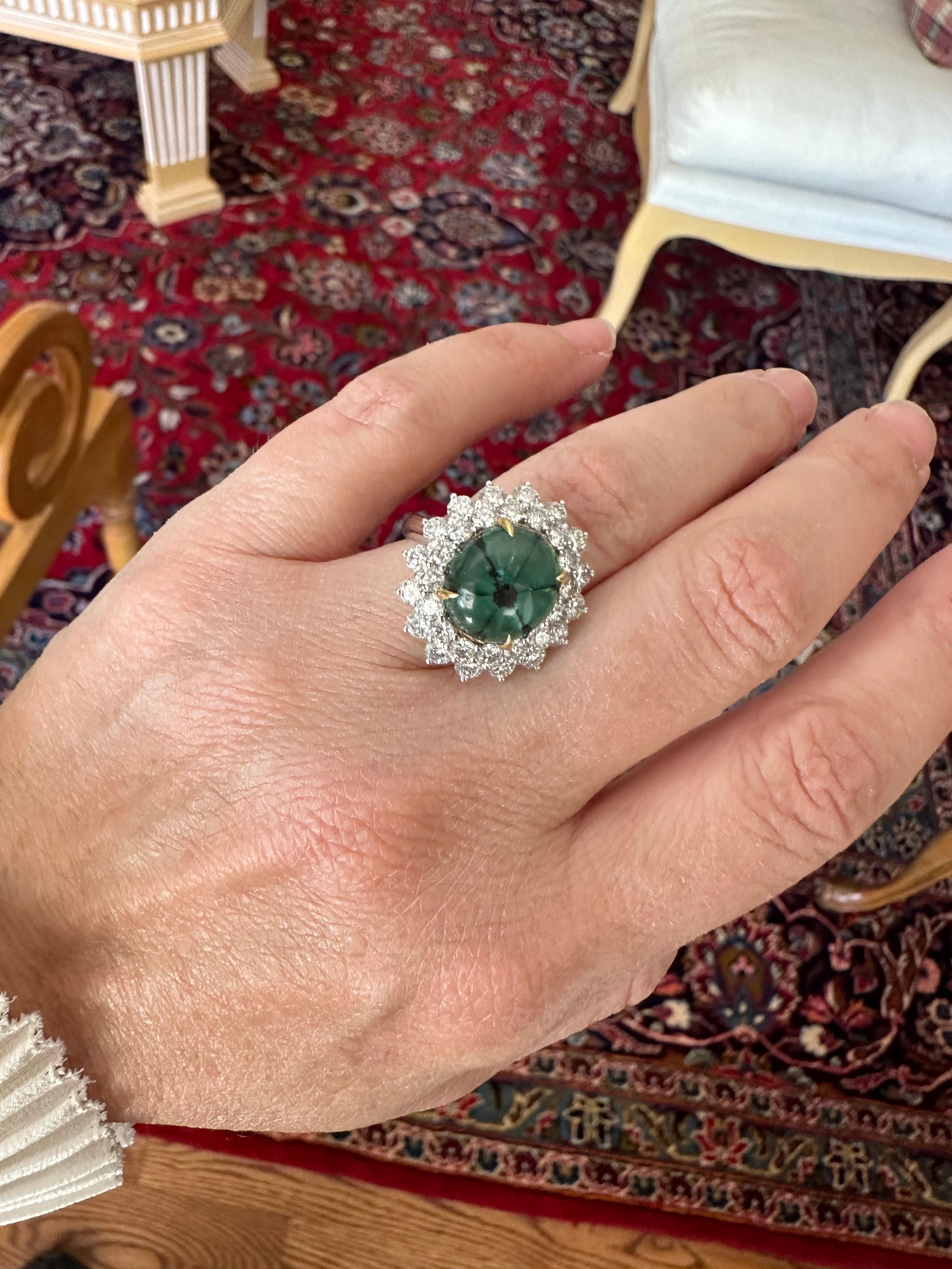 Estate Colombian Trapiche Emerald and Diamond Cocktail Ring For Sale 3