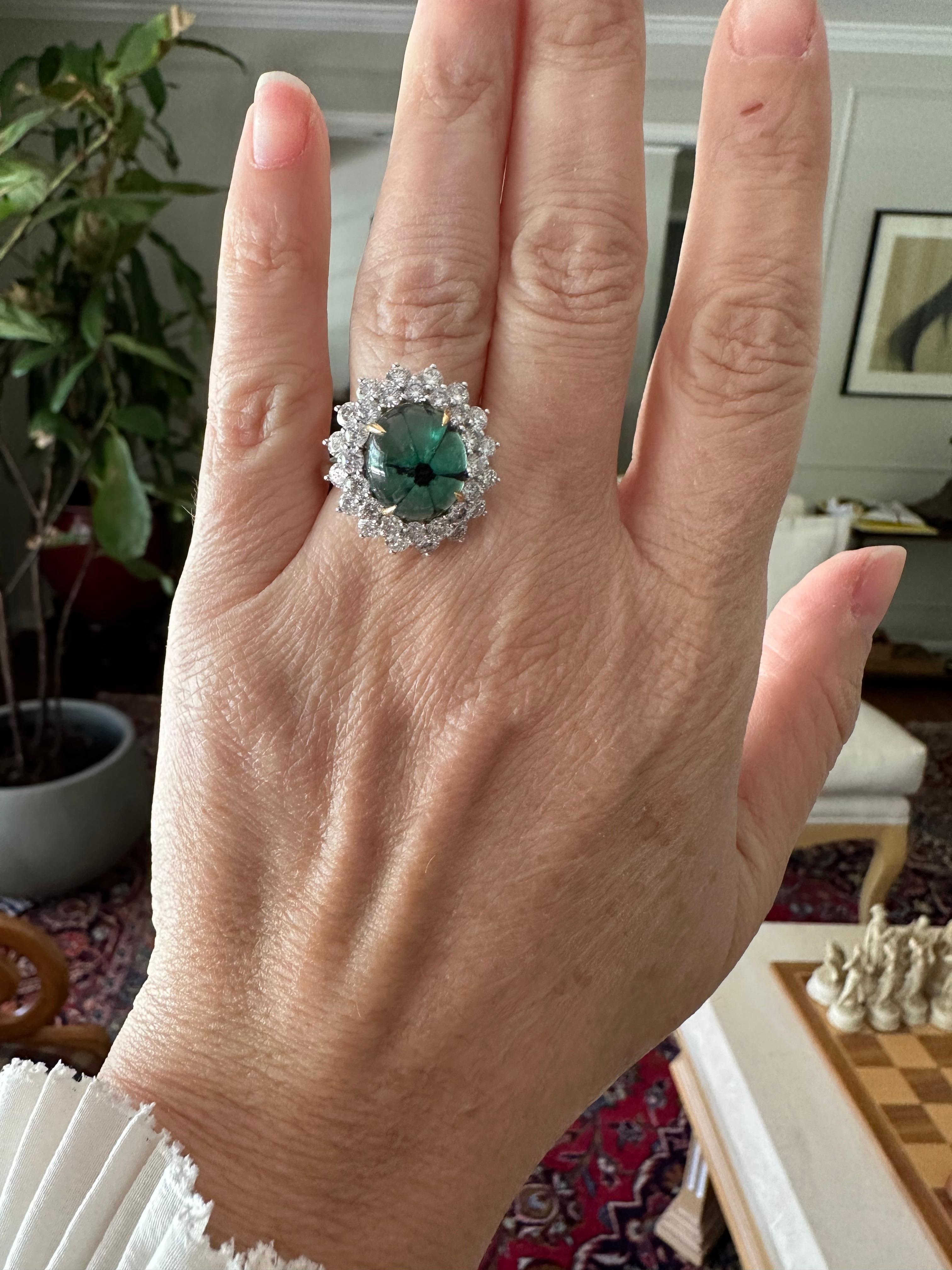 Estate Colombian Trapiche Emerald and Diamond Cocktail Ring For Sale 4